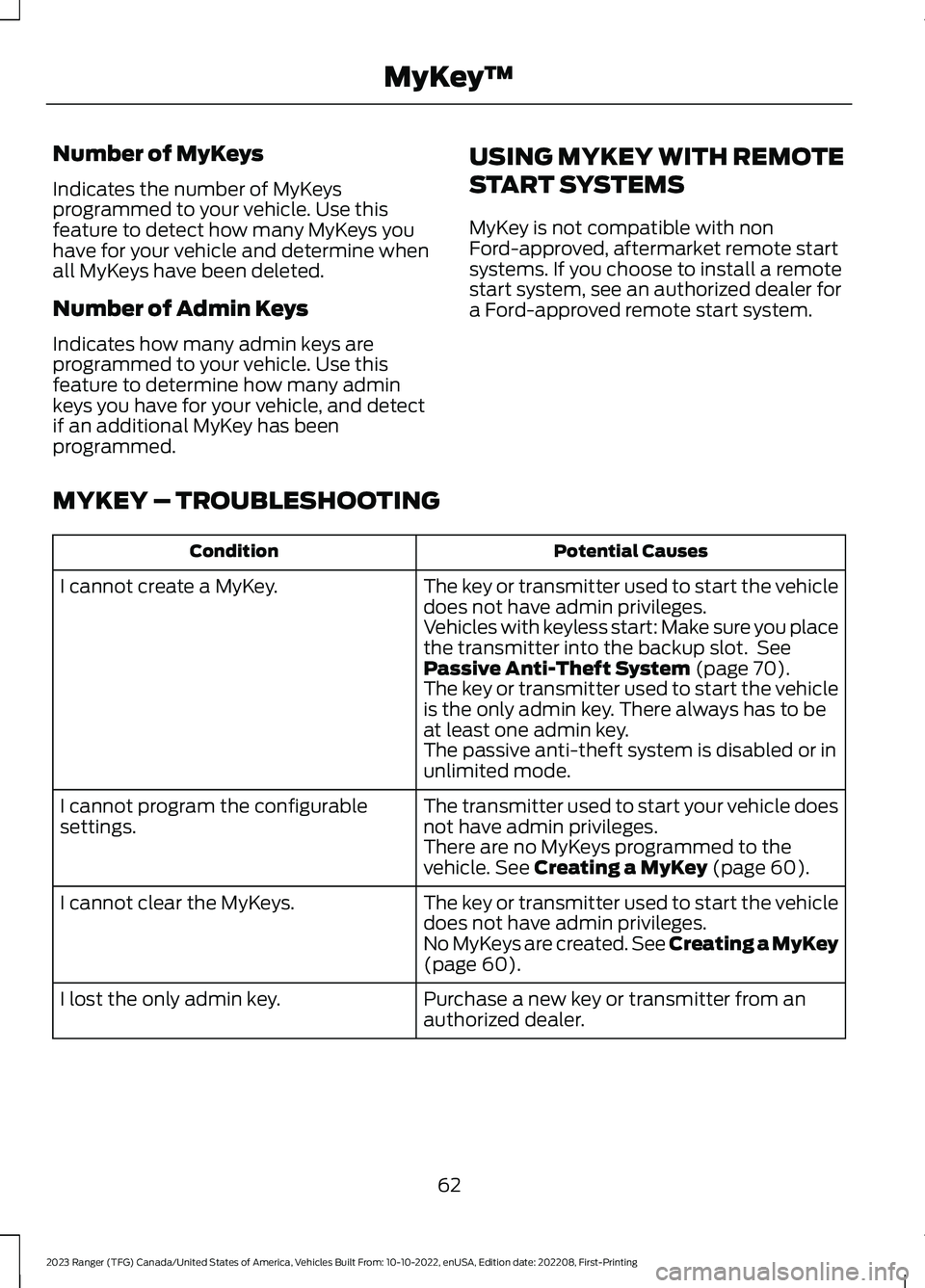 FORD RANGER 2023 Owners Manual Number of MyKeys
Indicates the number of MyKeysprogrammed to your vehicle. Use thisfeature to detect how many MyKeys youhave for your vehicle and determine whenall MyKeys have been deleted.
Number of FORD RANGER 2023 Owners Manual Number of MyKeys
Indicates the number of MyKeysprogrammed to your vehicle. Use thisfeature to detect how many MyKeys youhave for your vehicle and determine whenall MyKeys have been deleted.
Number of