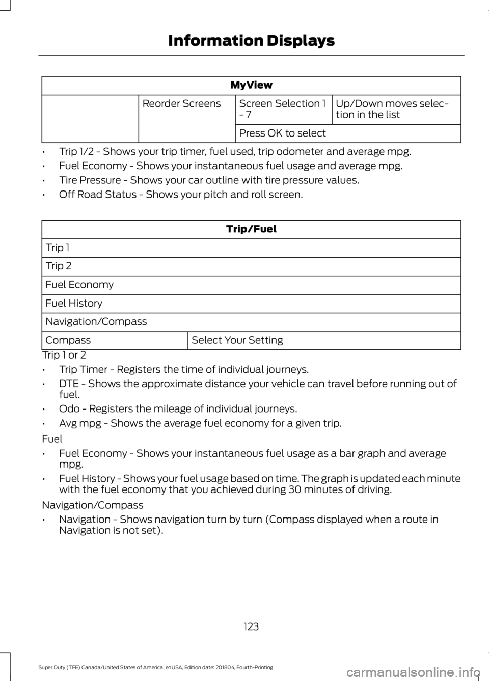 FORD SUPER DUTY 2019 Owners Manual MyView
Up/Down moves selec-
tion in the list
Screen Selection 1
- 7
Reorder Screens
Press OK to select
• Trip 1/2 - Shows your trip timer, fuel used, trip odometer and average mpg.
• Fuel Economy FORD SUPER DUTY 2019 Owners Manual MyView
Up/Down moves selec-
tion in the list
Screen Selection 1
- 7
Reorder Screens
Press OK to select
• Trip 1/2 - Shows your trip timer, fuel used, trip odometer and average mpg.
• Fuel Economy