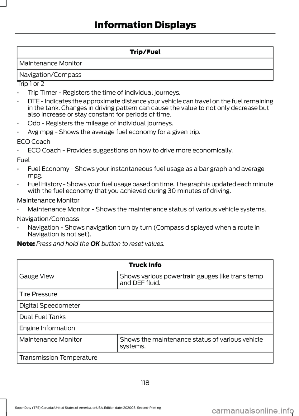 FORD SUPER DUTY 2021 Owners Manual Trip/Fuel
Maintenance Monitor
Navigation/Compass
Trip 1 or 2
• Trip Timer - Registers the time of individual journeys.
• DTE - Indicates the approximate distance your vehicle can travel on the fue FORD SUPER DUTY 2021 Owners Manual Trip/Fuel
Maintenance Monitor
Navigation/Compass
Trip 1 or 2
• Trip Timer - Registers the time of individual journeys.
• DTE - Indicates the approximate distance your vehicle can travel on the fue