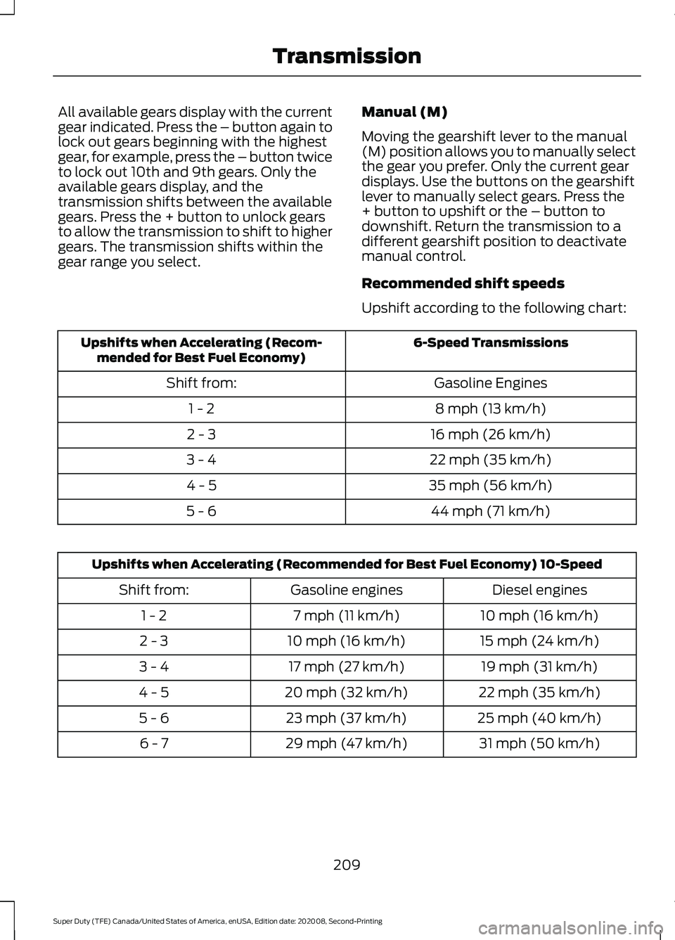 FORD SUPER DUTY 2021 Owners Manual All available gears display with the current
gear indicated. Press the – button again to
lock out gears beginning with the highest
gear, for example, press the – button twice
to lock out 10th and FORD SUPER DUTY 2021 Owners Manual All available gears display with the current
gear indicated. Press the – button again to
lock out gears beginning with the highest
gear, for example, press the – button twice
to lock out 10th and