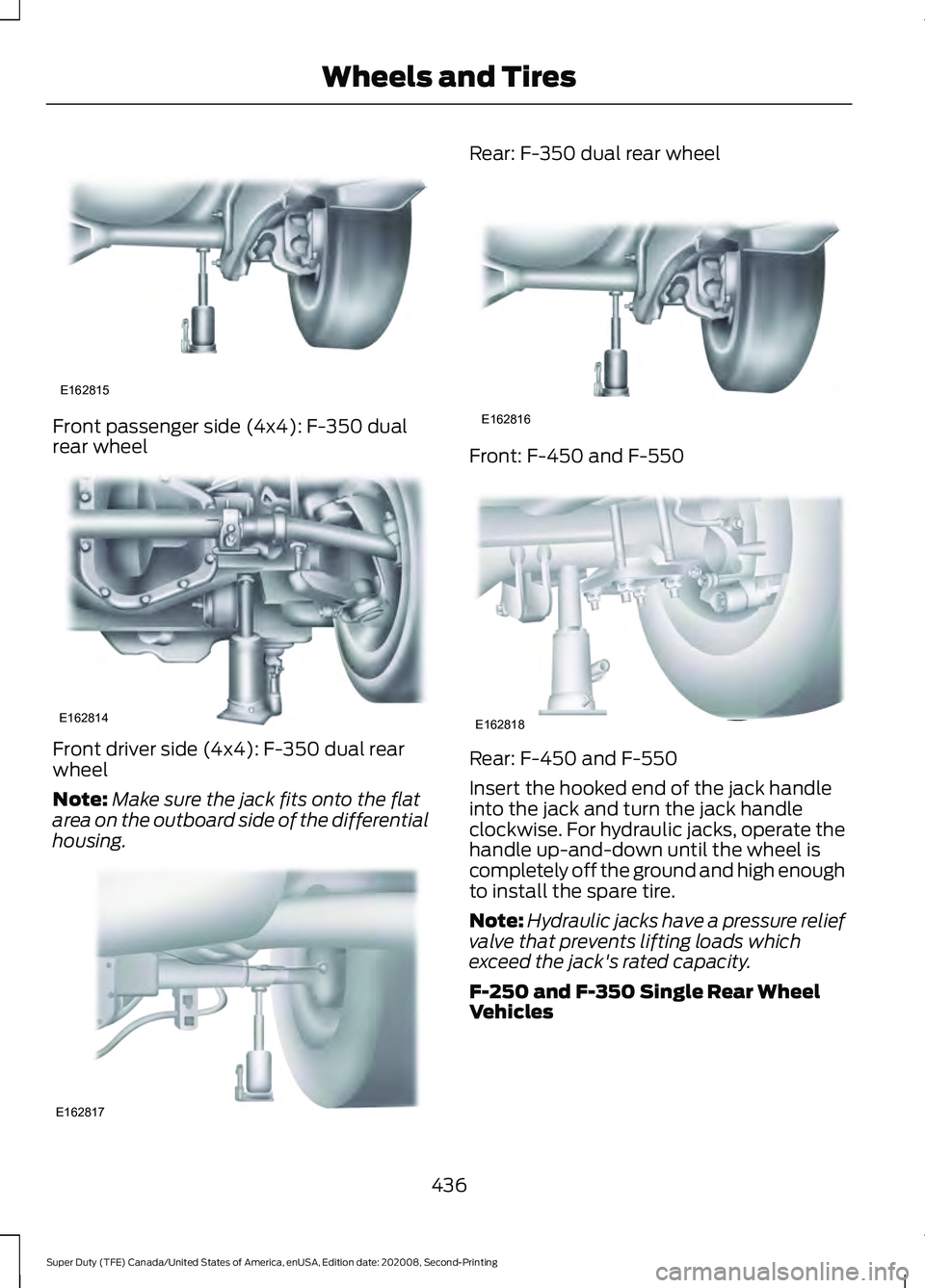 FORD SUPER DUTY 2021 Owners Manual Front passenger side (4x4): F-350 dual
rear wheel
Front driver side (4x4): F-350 dual rear
wheel
Note:
Make sure the jack fits onto the flat
area on the outboard side of the differential
housing. Rear FORD SUPER DUTY 2021 Owners Manual Front passenger side (4x4): F-350 dual
rear wheel
Front driver side (4x4): F-350 dual rear
wheel
Note:
Make sure the jack fits onto the flat
area on the outboard side of the differential
housing. Rear