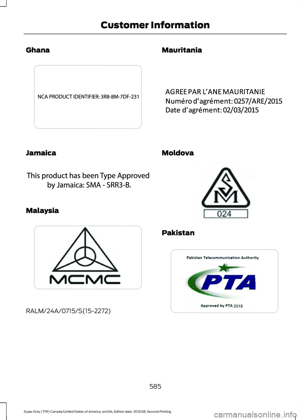 FORD SUPER DUTY 2021 Owners Manual Ghana
Jamaica
Malaysia
RALM/24A/0715/S(15-2272) Mauritania
Moldova
Pakistan
585
Super Duty (TFE) Canada/United States of America, enUSA, Edition date: 202008, Second-Printing Customer InformationE2696 FORD SUPER DUTY 2021 Owners Manual Ghana
Jamaica
Malaysia
RALM/24A/0715/S(15-2272) Mauritania
Moldova
Pakistan
585
Super Duty (TFE) Canada/United States of America, enUSA, Edition date: 202008, Second-Printing Customer InformationE2696