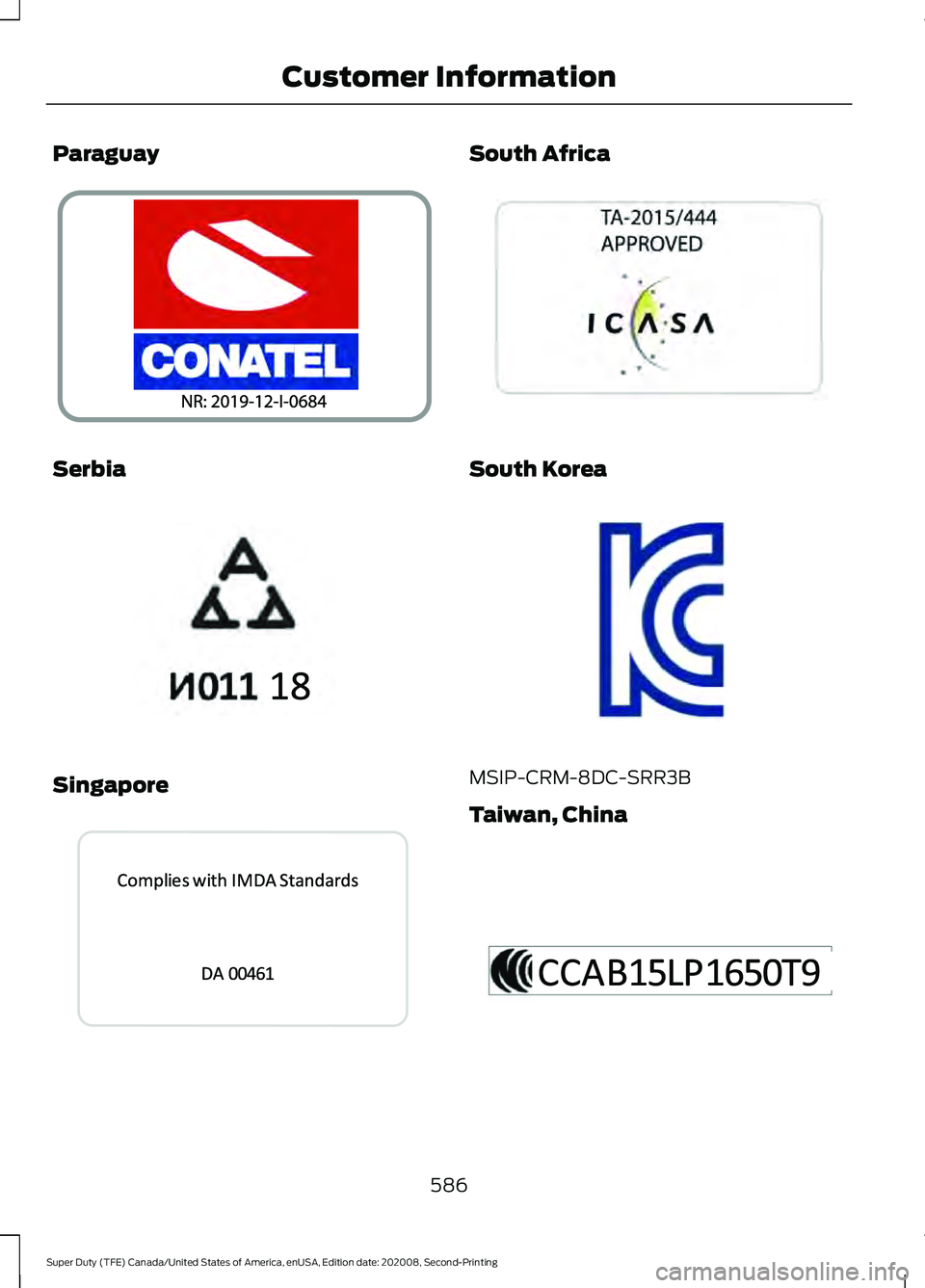 FORD SUPER DUTY 2021 Owners Manual Paraguay
Serbia
Singapore South Africa
South Korea
MSIP-CRM-8DC-SRR3B
Taiwan, China
586
Super Duty (TFE) Canada/United States of America, enUSA, Edition date: 202008, Second-Printing Customer Informat FORD SUPER DUTY 2021 Owners Manual Paraguay
Serbia
Singapore South Africa
South Korea
MSIP-CRM-8DC-SRR3B
Taiwan, China
586
Super Duty (TFE) Canada/United States of America, enUSA, Edition date: 202008, Second-Printing Customer Informat