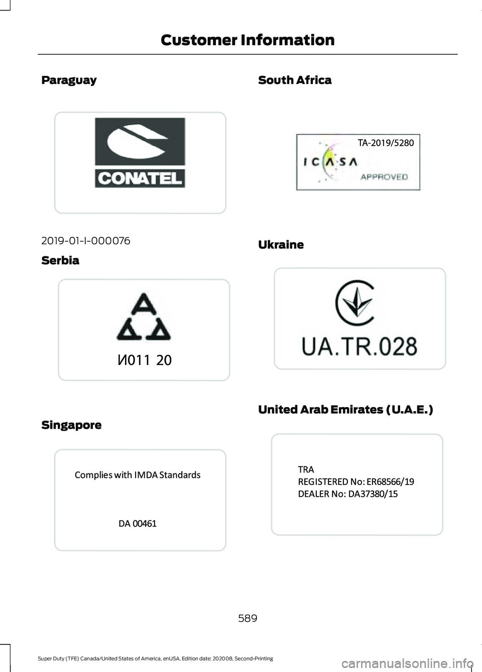 FORD SUPER DUTY 2021  Owners Manual Paraguay
2019-01-I-000076
Serbia
Singapore South Africa
Ukraine
United Arab Emirates (U.A.E.)
589
Super Duty (TFE) Canada/United States of America, enUSA, Edition date: 202008, Second-Printing Custome