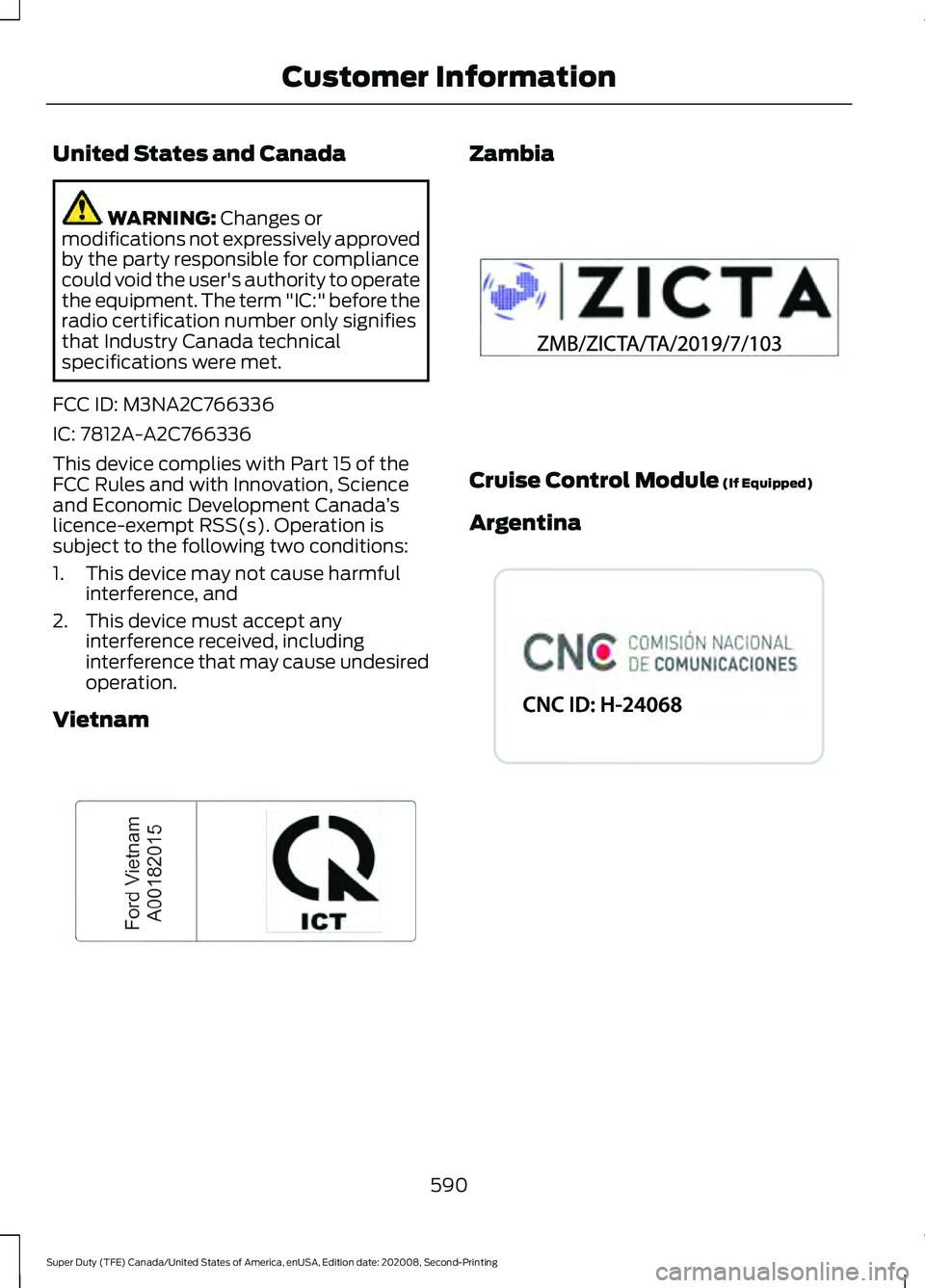 FORD SUPER DUTY 2021  Owners Manual United States and Canada
WARNING: Changes or
modifications not expressively approved
by the party responsible for compliance
could void the user's authority to operate
the equipment. The term "