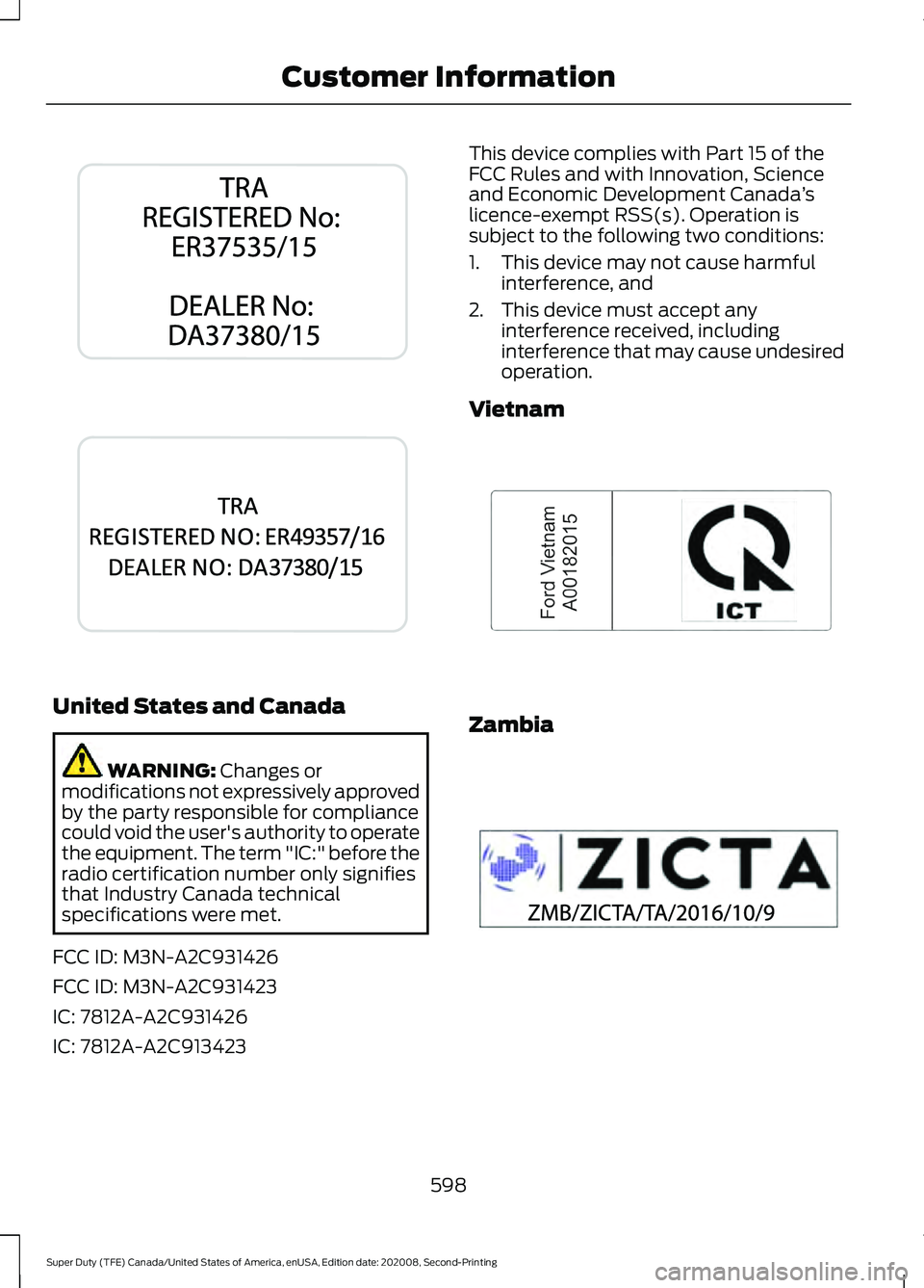 FORD SUPER DUTY 2021  Owners Manual United States and Canada
WARNING: Changes or
modifications not expressively approved
by the party responsible for compliance
could void the user's authority to operate
the equipment. The term "