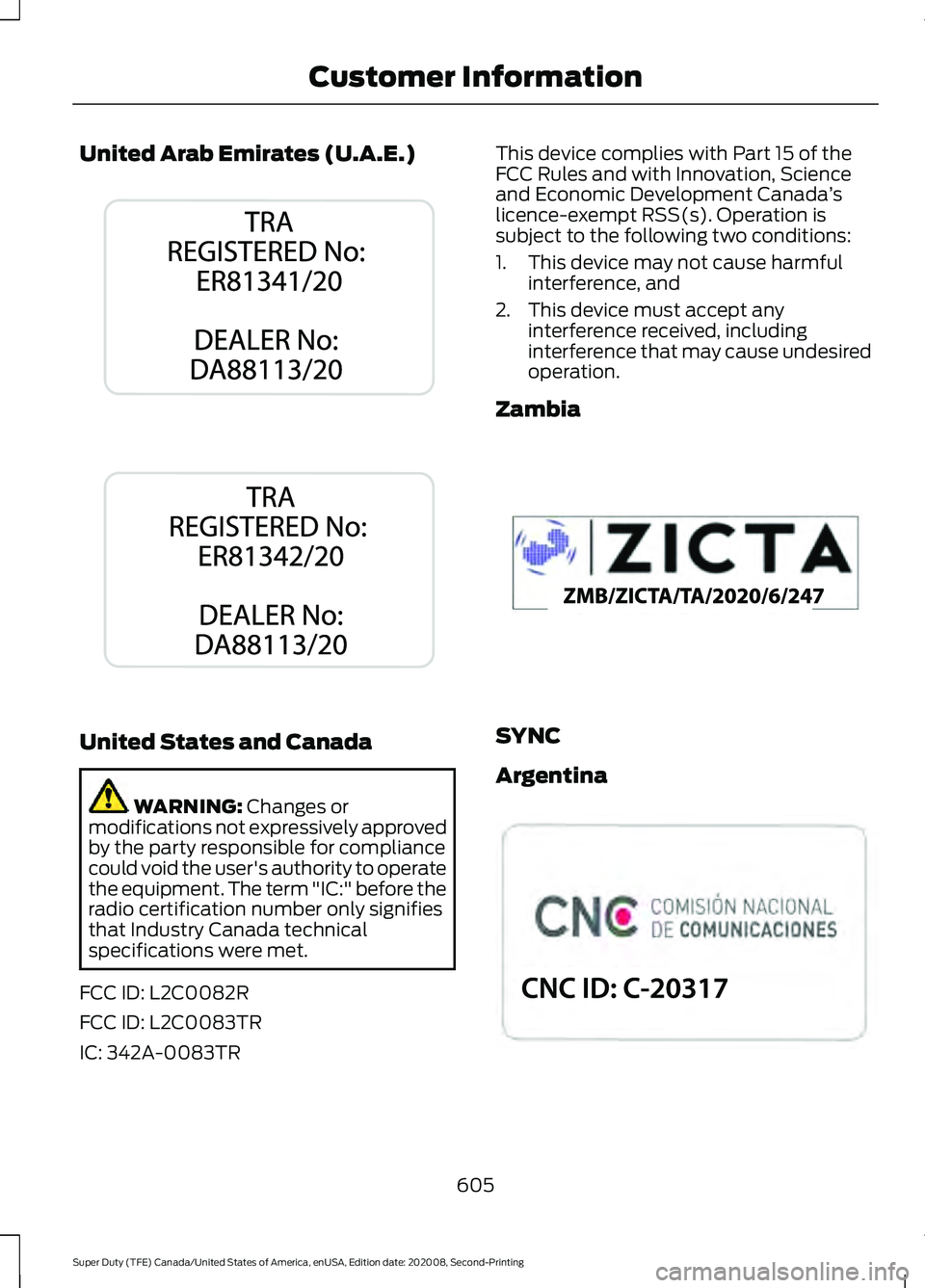 FORD SUPER DUTY 2021  Owners Manual United Arab Emirates (U.A.E.)
United States and Canada
WARNING: Changes or
modifications not expressively approved
by the party responsible for compliance
could void the user's authority to operat