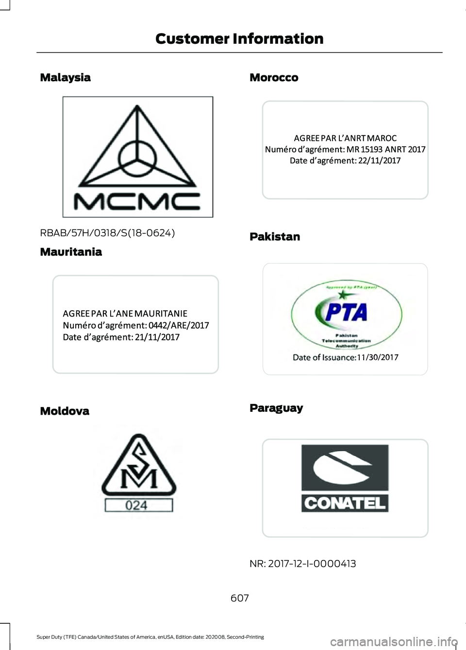 FORD SUPER DUTY 2021  Owners Manual Malaysia
RBAB/57H/0318/S(18-0624)
Mauritania
Moldova Morocco
Pakistan
Paraguay
NR: 2017-12-I-0000413
607
Super Duty (TFE) Canada/United States of America, enUSA, Edition date: 202008, Second-Printing 