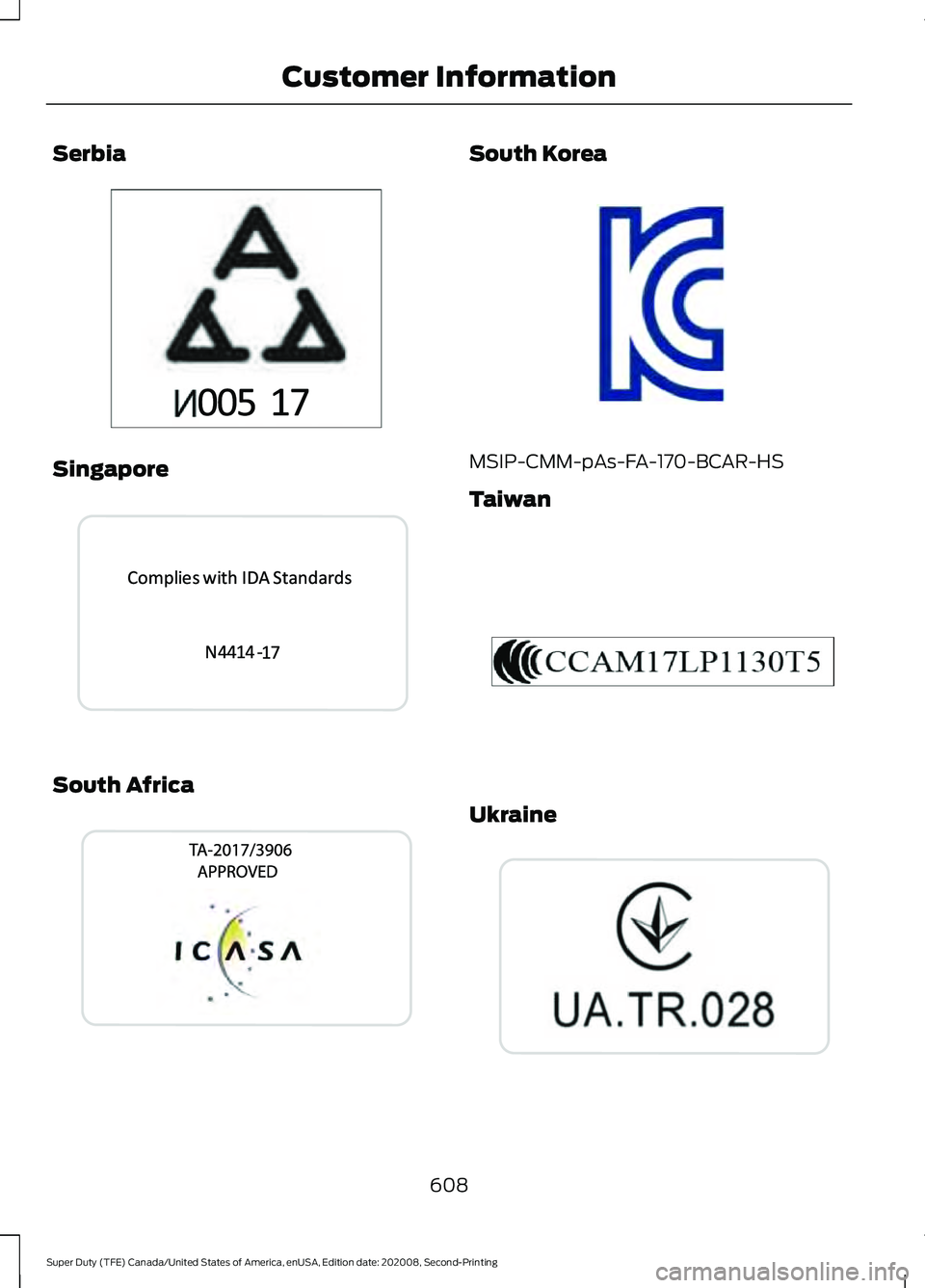 FORD SUPER DUTY 2021  Owners Manual Serbia
Singapore
South Africa South Korea
MSIP-CMM-pAs-FA-170-BCAR-HS
Taiwan
Ukraine
608
Super Duty (TFE) Canada/United States of America, enUSA, Edition date: 202008, Second-Printing Customer Informa