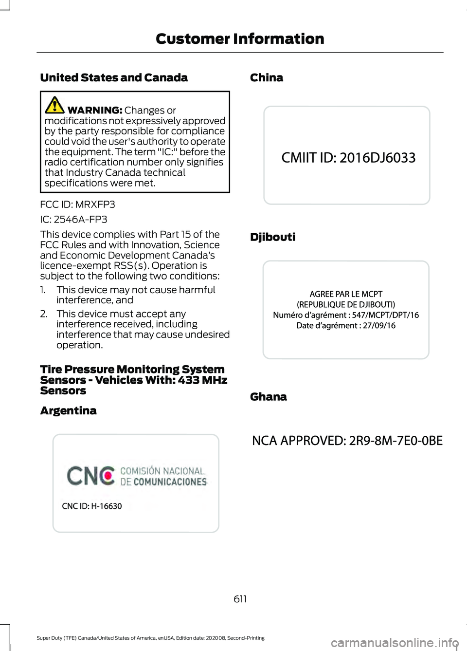 FORD SUPER DUTY 2021  Owners Manual United States and Canada
WARNING: Changes or
modifications not expressively approved
by the party responsible for compliance
could void the user's authority to operate
the equipment. The term "