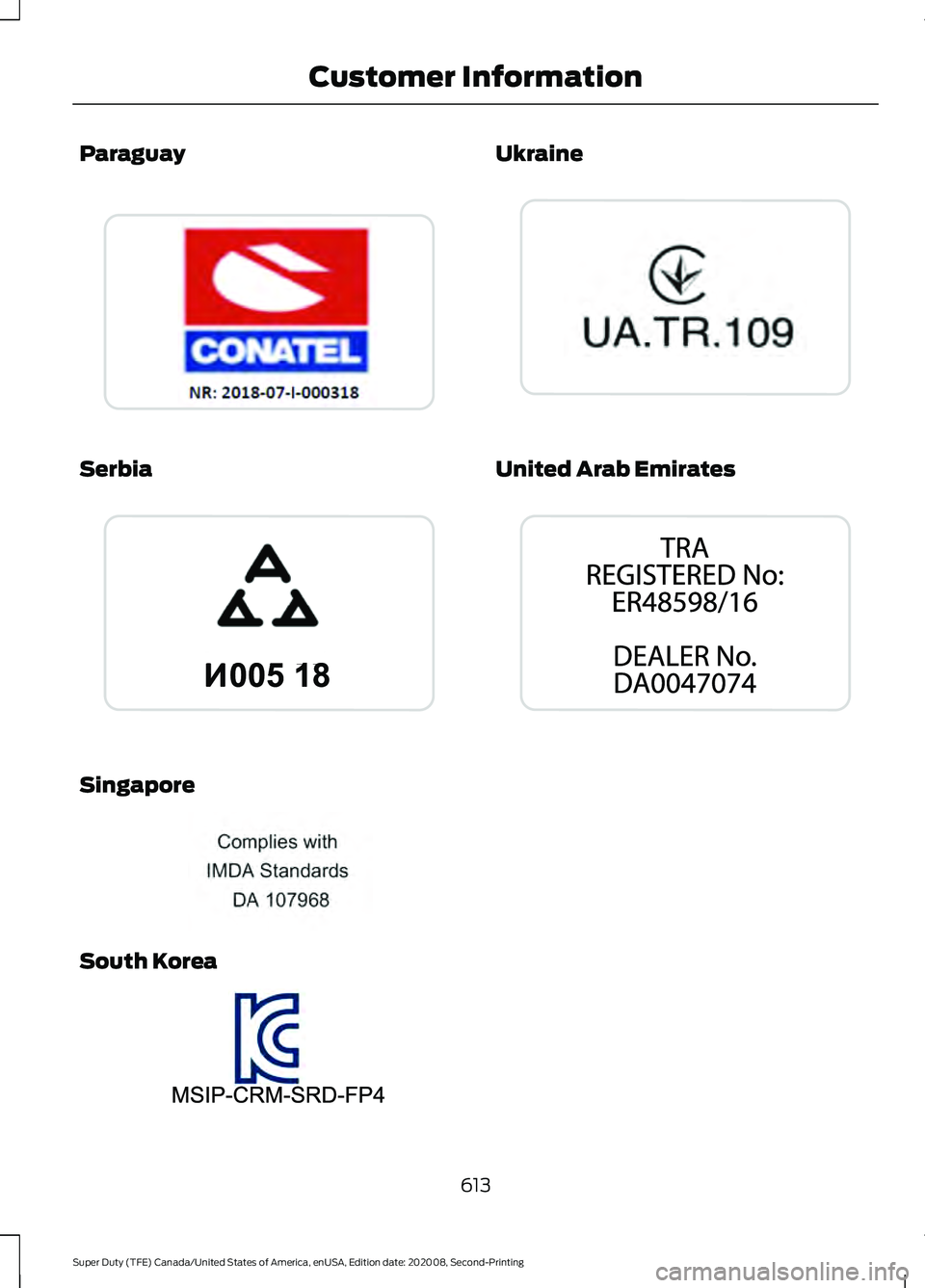 FORD SUPER DUTY 2021  Owners Manual Paraguay
Serbia
Singapore
South Korea Ukraine
United Arab Emirates
613
Super Duty (TFE) Canada/United States of America, enUSA, Edition date: 202008, Second-Printing Customer InformationE338018  E3380