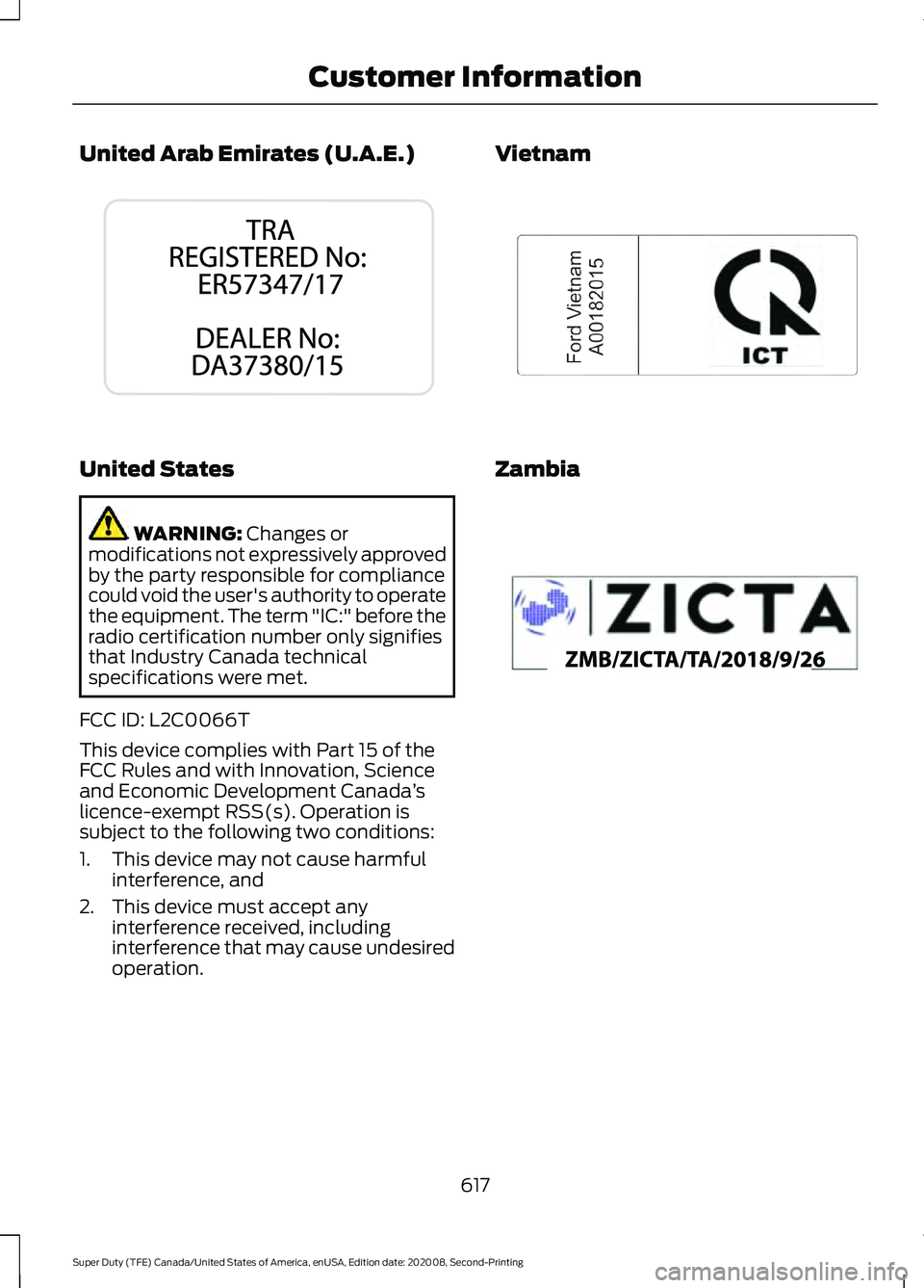 FORD SUPER DUTY 2021  Owners Manual United Arab Emirates (U.A.E.)
United States
WARNING: Changes or
modifications not expressively approved
by the party responsible for compliance
could void the user's authority to operate
the equip