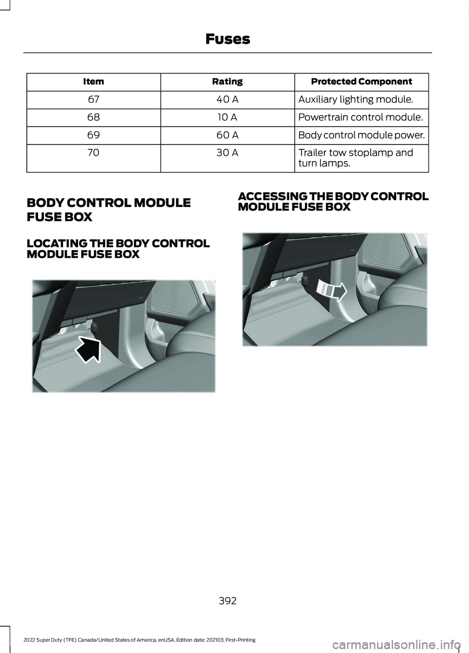 FORD SUPER DUTY 2022 Owners Manual Protected Component
Rating
Item
Auxiliary lighting module.
40 A
67
Powertrain control module.
10 A
68
Body control module power.
60 A
69
Trailer tow stoplamp and
turn lamps.
30 A
70
BODY CONTROL MODUL FORD SUPER DUTY 2022 Owners Manual Protected Component
Rating
Item
Auxiliary lighting module.
40 A
67
Powertrain control module.
10 A
68
Body control module power.
60 A
69
Trailer tow stoplamp and
turn lamps.
30 A
70
BODY CONTROL MODUL