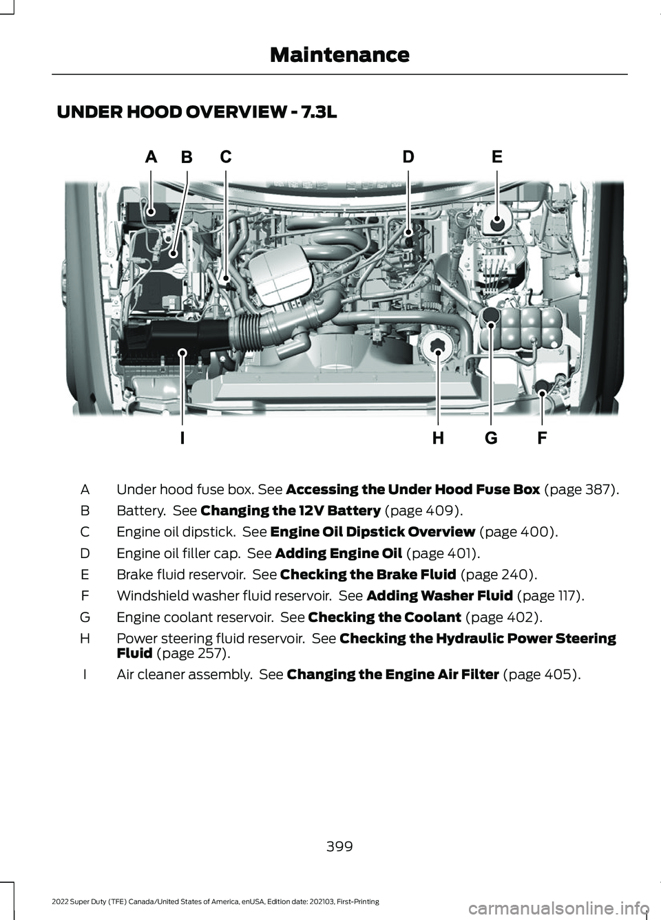 FORD SUPER DUTY 2022 Owners Manual UNDER HOOD OVERVIEW - 7.3L
Under hood fuse box. See Accessing the Under Hood Fuse Box (page 387).
A
Battery. See
Changing the 12V Battery (page 409).
B
Engine oil dipstick. See
Engine Oil Dipstick FORD SUPER DUTY 2022 Owners Manual UNDER HOOD OVERVIEW - 7.3L
Under hood fuse box. See Accessing the Under Hood Fuse Box (page 387).
A
Battery. See
Changing the 12V Battery (page 409).
B
Engine oil dipstick. See
Engine Oil Dipstick