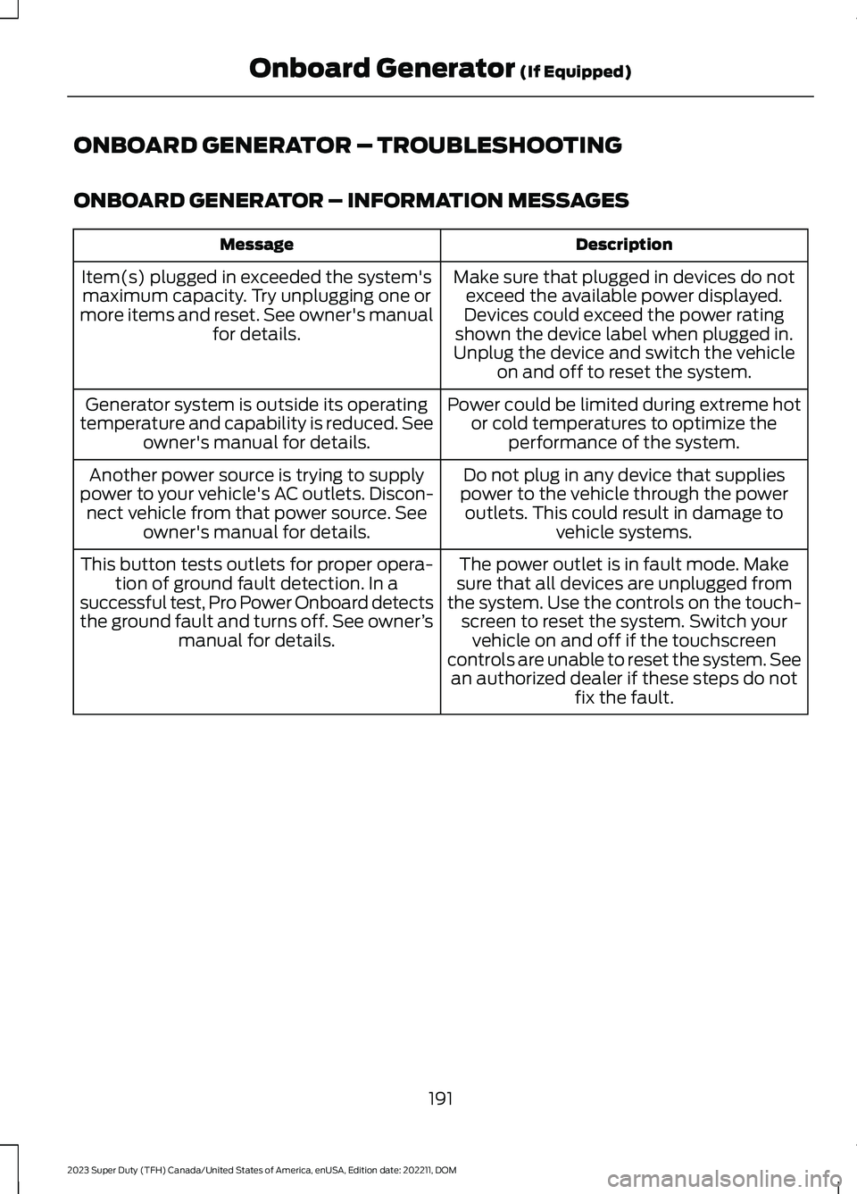 FORD SUPER DUTY 2023 Owners Manual ONBOARD GENERATOR – TROUBLESHOOTING
ONBOARD GENERATOR – INFORMATION MESSAGES
DescriptionMessage
Make sure that plugged in devices do notexceed the available power displayed.Devices could exceed th FORD SUPER DUTY 2023 Owners Manual ONBOARD GENERATOR – TROUBLESHOOTING
ONBOARD GENERATOR – INFORMATION MESSAGES
DescriptionMessage
Make sure that plugged in devices do notexceed the available power displayed.Devices could exceed th