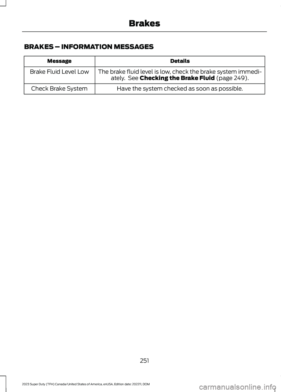 FORD SUPER DUTY 2023  Owners Manual BRAKES – INFORMATION MESSAGES
DetailsMessage
The brake fluid level is low, check the brake system immedi-ately. See Checking the Brake Fluid (page 249).Brake Fluid Level Low
Have the system checked 