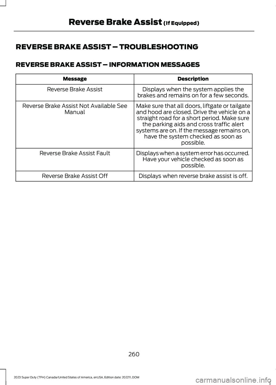 FORD SUPER DUTY 2023  Owners Manual REVERSE BRAKE ASSIST – TROUBLESHOOTING
REVERSE BRAKE ASSIST – INFORMATION MESSAGES
DescriptionMessage
Displays when the system applies thebrakes and remains on for a few seconds.Reverse Brake Assi