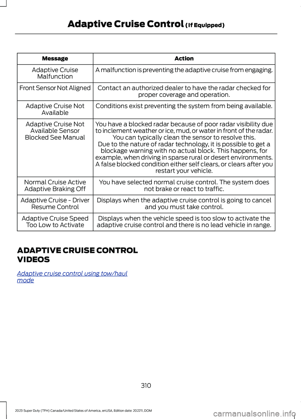 FORD SUPER DUTY 2023 Owners Guide ActionMessage
A malfunction is preventing the adaptive cruise from engaging.Adaptive CruiseMalfunction
Front Sensor Not AlignedContact an authorized dealer to have the radar checked forproper coverage FORD SUPER DUTY 2023 Owners Guide ActionMessage
A malfunction is preventing the adaptive cruise from engaging.Adaptive CruiseMalfunction
Front Sensor Not AlignedContact an authorized dealer to have the radar checked forproper coverage