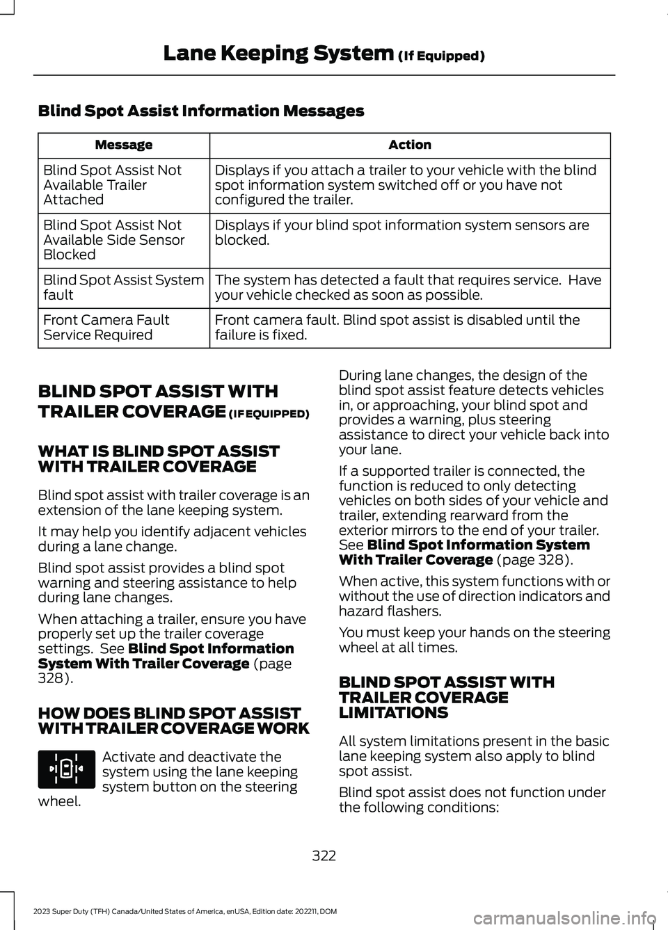 FORD SUPER DUTY 2023 Owners Guide Blind Spot Assist Information Messages
ActionMessage
Displays if you attach a trailer to your vehicle with the blindspot information system switched off or you have notconfigured the trailer.
Blind Sp FORD SUPER DUTY 2023 Owners Guide Blind Spot Assist Information Messages
ActionMessage
Displays if you attach a trailer to your vehicle with the blindspot information system switched off or you have notconfigured the trailer.
Blind Sp