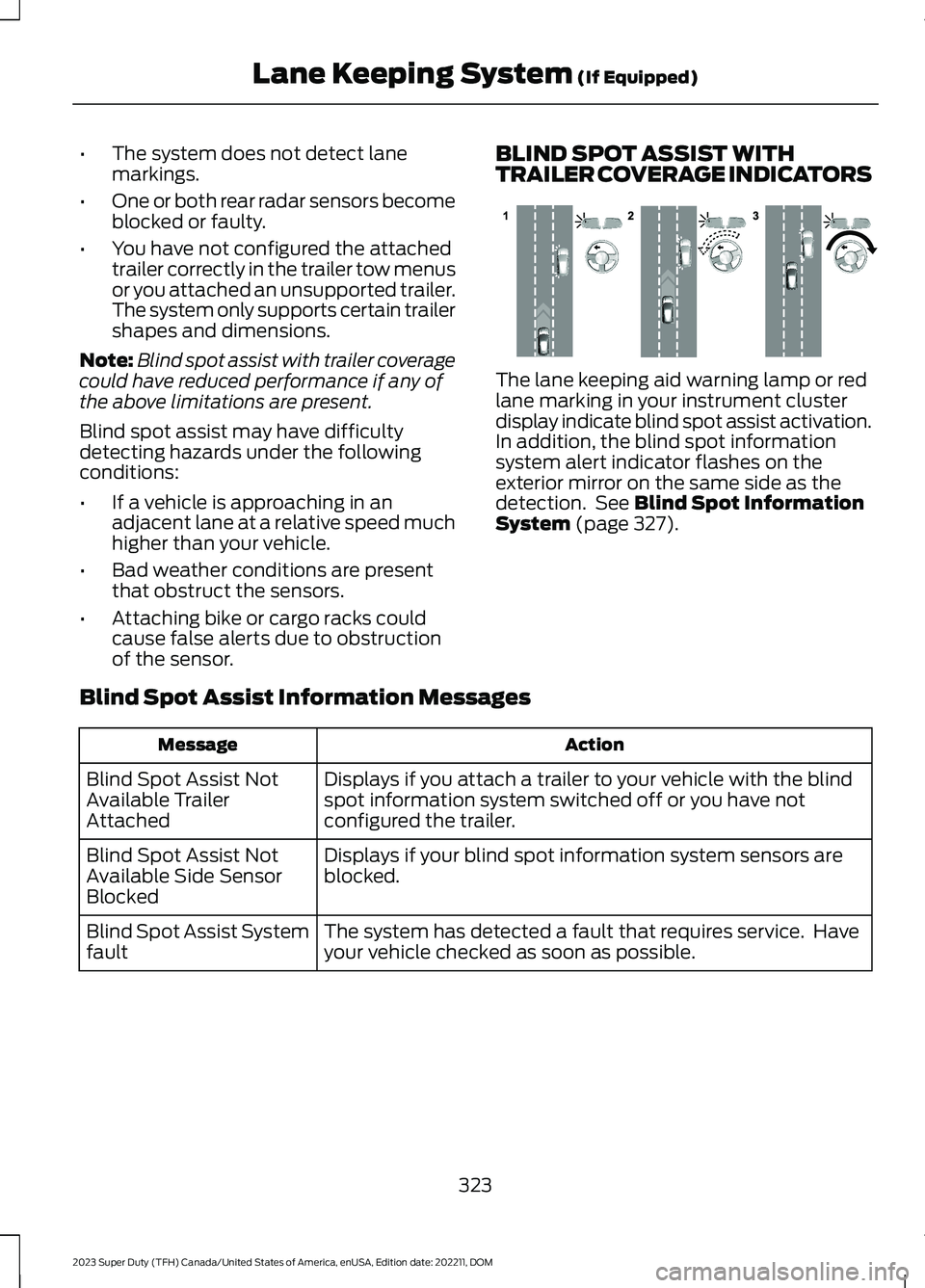 FORD SUPER DUTY 2023 Service Manual •The system does not detect lanemarkings.
•One or both rear radar sensors becomeblocked or faulty.
•You have not configured the attachedtrailer correctly in the trailer tow menusor you attached FORD SUPER DUTY 2023 Service Manual •The system does not detect lanemarkings.
•One or both rear radar sensors becomeblocked or faulty.
•You have not configured the attachedtrailer correctly in the trailer tow menusor you attached