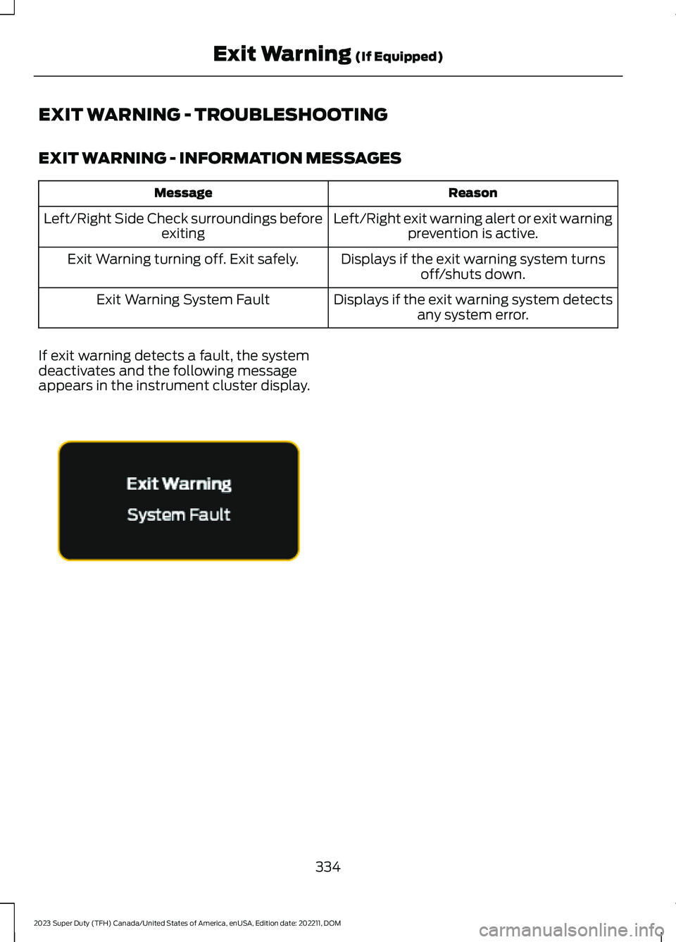 FORD SUPER DUTY 2023 Owners Manual EXIT WARNING - TROUBLESHOOTING
EXIT WARNING - INFORMATION MESSAGES
ReasonMessage
Left/Right exit warning alert or exit warningprevention is active.Left/Right Side Check surroundings beforeexiting
Disp FORD SUPER DUTY 2023 Owners Manual EXIT WARNING - TROUBLESHOOTING
EXIT WARNING - INFORMATION MESSAGES
ReasonMessage
Left/Right exit warning alert or exit warningprevention is active.Left/Right Side Check surroundings beforeexiting
Disp