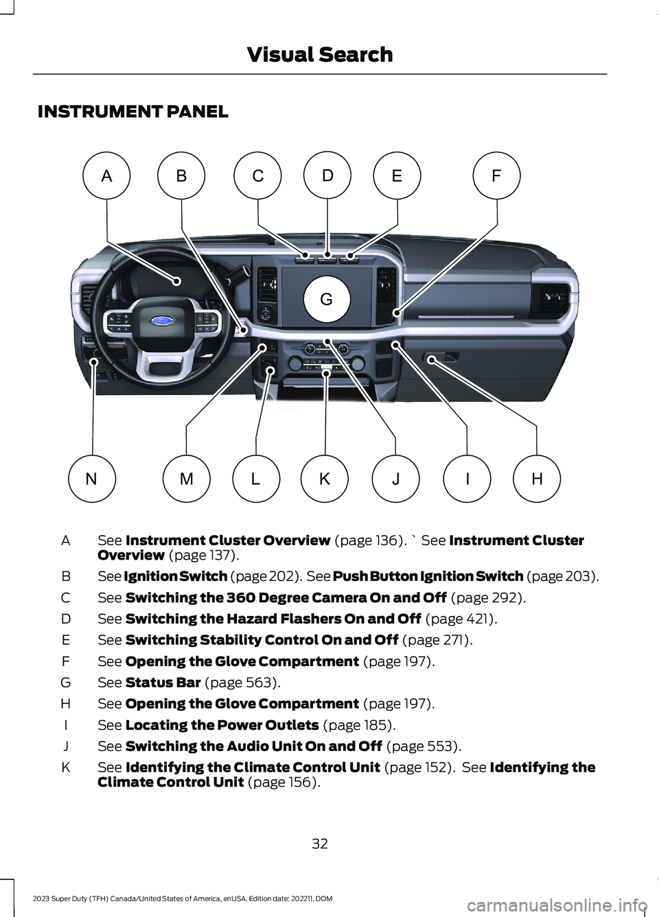 FORD SUPER DUTY 2023 Owners Manual INSTRUMENT PANEL
See Instrument Cluster Overview (page 136).` See Instrument ClusterOverview (page 137).A
See Ignition Switch (page 202). See Push Button Ignition Switch (page 203).B
See Switching the FORD SUPER DUTY 2023 Owners Manual INSTRUMENT PANEL
See Instrument Cluster Overview (page 136).` See Instrument ClusterOverview (page 137).A
See Ignition Switch (page 202). See Push Button Ignition Switch (page 203).B
See Switching the