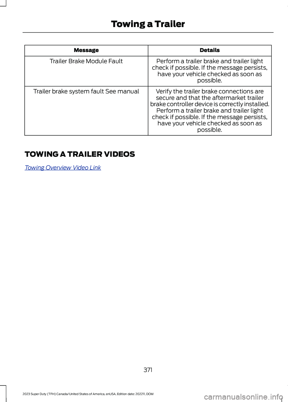 FORD SUPER DUTY 2023 Owners Manual DetailsMessage
Perform a trailer brake and trailer lightcheck if possible. If the message persists,have your vehicle checked as soon aspossible.
Trailer Brake Module Fault
Verify the trailer brake con FORD SUPER DUTY 2023 Owners Manual DetailsMessage
Perform a trailer brake and trailer lightcheck if possible. If the message persists,have your vehicle checked as soon aspossible.
Trailer Brake Module Fault
Verify the trailer brake con