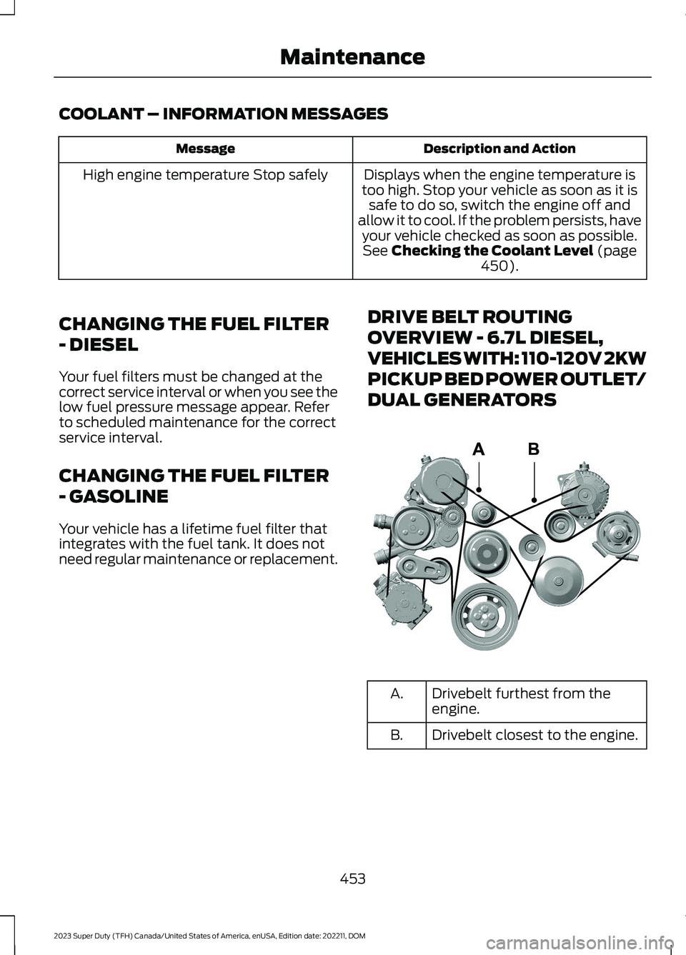FORD SUPER DUTY 2023 Owners Manual COOLANT – INFORMATION MESSAGES
Description and ActionMessage
Displays when the engine temperature istoo high. Stop your vehicle as soon as it issafe to do so, switch the engine off andallow it to co FORD SUPER DUTY 2023 Owners Manual COOLANT – INFORMATION MESSAGES
Description and ActionMessage
Displays when the engine temperature istoo high. Stop your vehicle as soon as it issafe to do so, switch the engine off andallow it to co