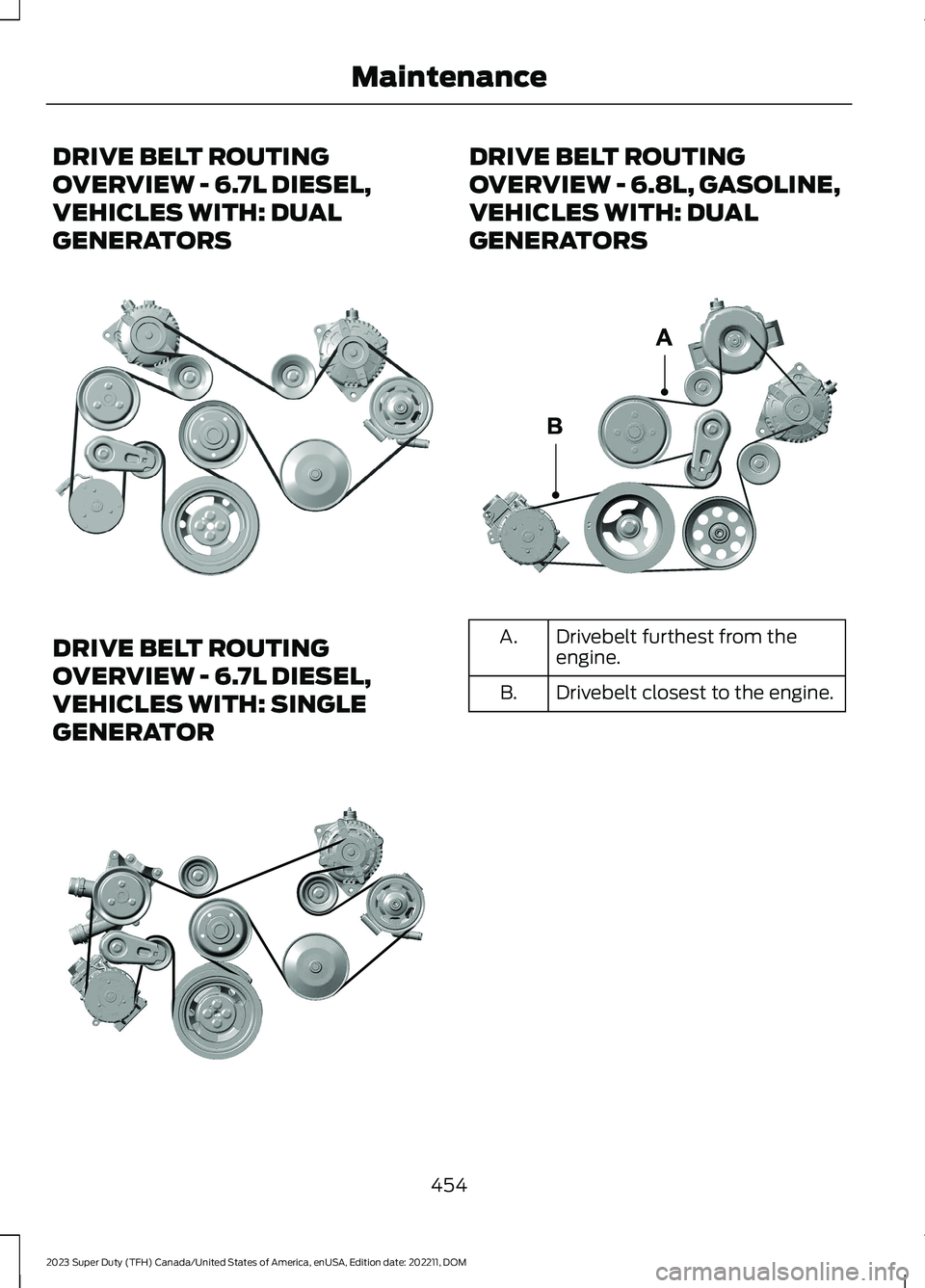 FORD SUPER DUTY 2023 Owners Manual DRIVE BELT ROUTING
OVERVIEW - 6.7L DIESEL,
VEHICLES WITH: DUAL
GENERATORS
DRIVE BELT ROUTING
OVERVIEW - 6.7L DIESEL,
VEHICLES WITH: SINGLE
GENERATOR
DRIVE BELT ROUTING
OVERVIEW - 6.8L, GASOLINE,
VEHIC FORD SUPER DUTY 2023 Owners Manual DRIVE BELT ROUTING
OVERVIEW - 6.7L DIESEL,
VEHICLES WITH: DUAL
GENERATORS
DRIVE BELT ROUTING
OVERVIEW - 6.7L DIESEL,
VEHICLES WITH: SINGLE
GENERATOR
DRIVE BELT ROUTING
OVERVIEW - 6.8L, GASOLINE,
VEHIC