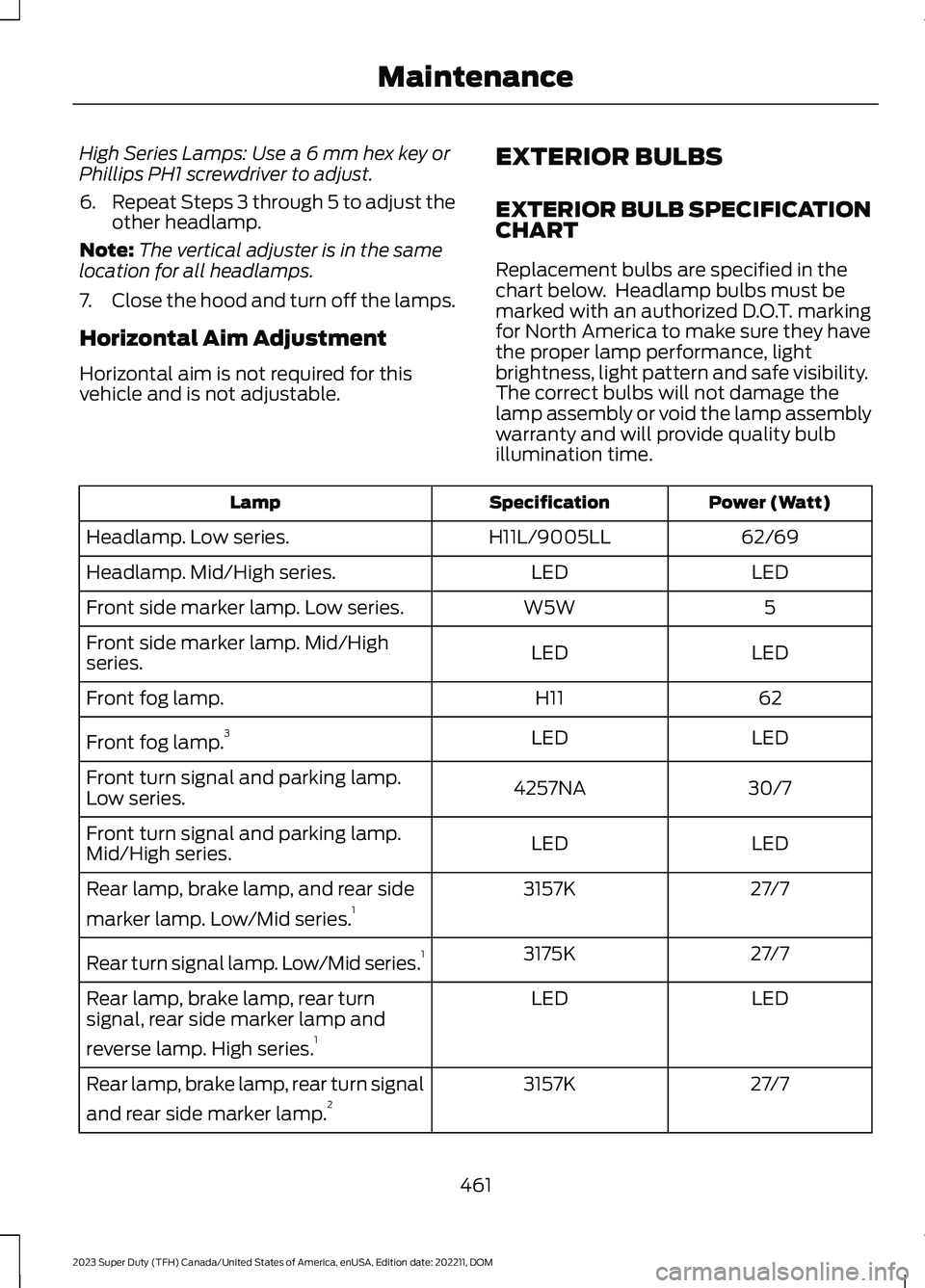 FORD SUPER DUTY 2023 Owners Manual High Series Lamps: Use a 6 mm hex key orPhillips PH1 screwdriver to adjust.
6.Repeat Steps 3 through 5 to adjust theother headlamp.
Note:The vertical adjuster is in the samelocation for all headlamps. FORD SUPER DUTY 2023 Owners Manual High Series Lamps: Use a 6 mm hex key orPhillips PH1 screwdriver to adjust.
6.Repeat Steps 3 through 5 to adjust theother headlamp.
Note:The vertical adjuster is in the samelocation for all headlamps.