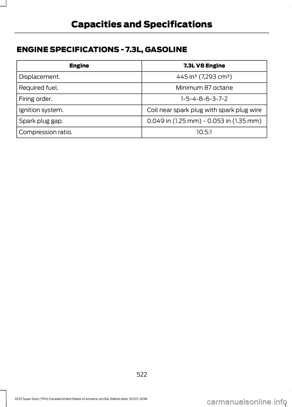 FORD SUPER DUTY 2023 Owners Manual ENGINE SPECIFICATIONS - 7.3L, GASOLINE
7.3L V8 EngineEngine
445 in³ (7,293 cm³)Displacement.
Minimum 87 octaneRequired fuel.
1-5-4-8-6-3-7-2Firing order.
Coil near spark plug with spark plug wireIgn FORD SUPER DUTY 2023 Owners Manual ENGINE SPECIFICATIONS - 7.3L, GASOLINE
7.3L V8 EngineEngine
445 in³ (7,293 cm³)Displacement.
Minimum 87 octaneRequired fuel.
1-5-4-8-6-3-7-2Firing order.
Coil near spark plug with spark plug wireIgn