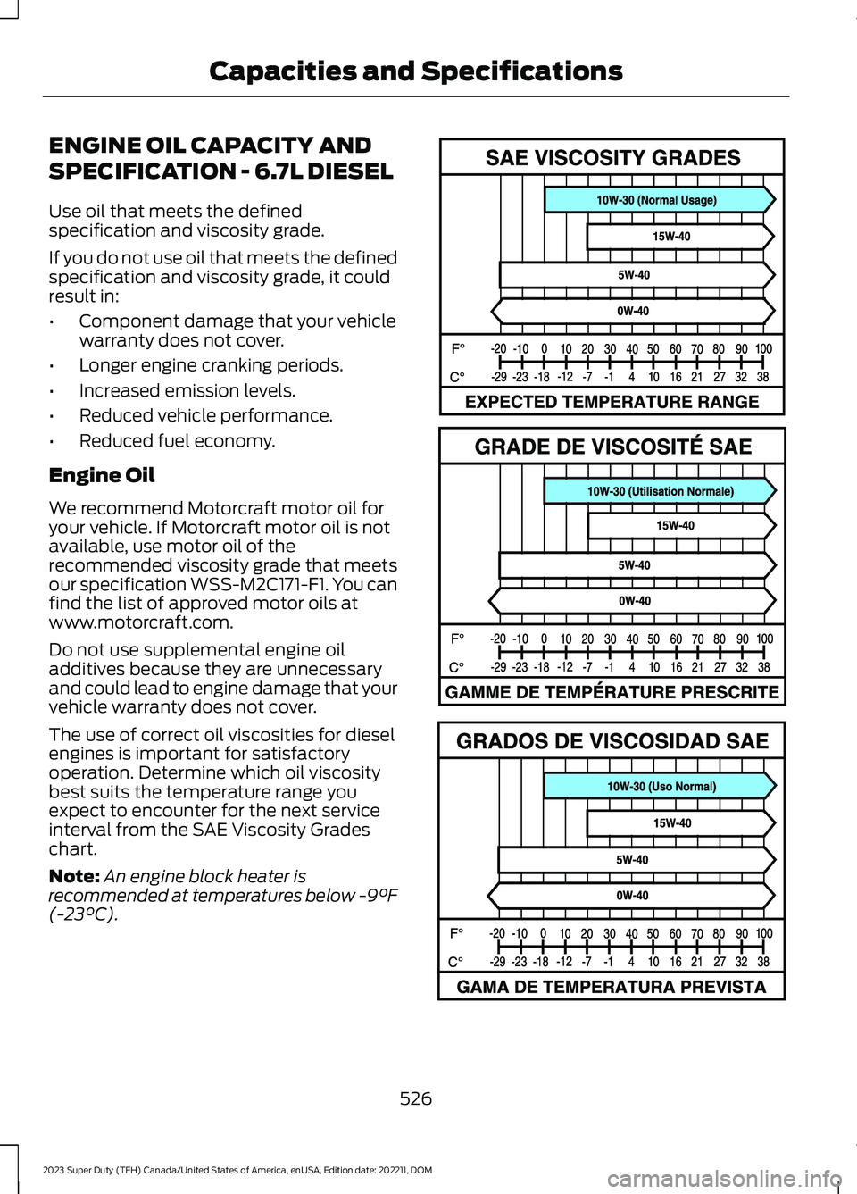 FORD SUPER DUTY 2023  Owners Manual ENGINE OIL CAPACITY AND
SPECIFICATION - 6.7L DIESEL
Use oil that meets the definedspecification and viscosity grade.
If you do not use oil that meets the definedspecification and viscosity grade, it c