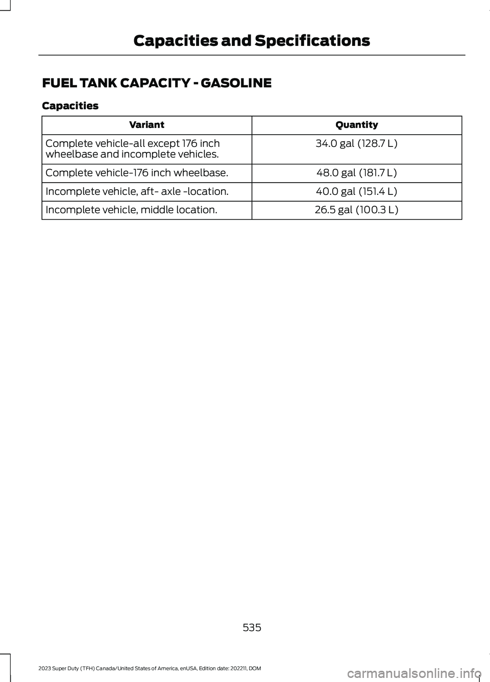 FORD SUPER DUTY 2023 Owners Manual FUEL TANK CAPACITY - GASOLINE
Capacities
QuantityVariant
34.0 gal (128.7 L)Complete vehicle-all except 176 inchwheelbase and incomplete vehicles.
48.0 gal (181.7 L)Complete vehicle-176 inch wheelbase. FORD SUPER DUTY 2023 Owners Manual FUEL TANK CAPACITY - GASOLINE
Capacities
QuantityVariant
34.0 gal (128.7 L)Complete vehicle-all except 176 inchwheelbase and incomplete vehicles.
48.0 gal (181.7 L)Complete vehicle-176 inch wheelbase.