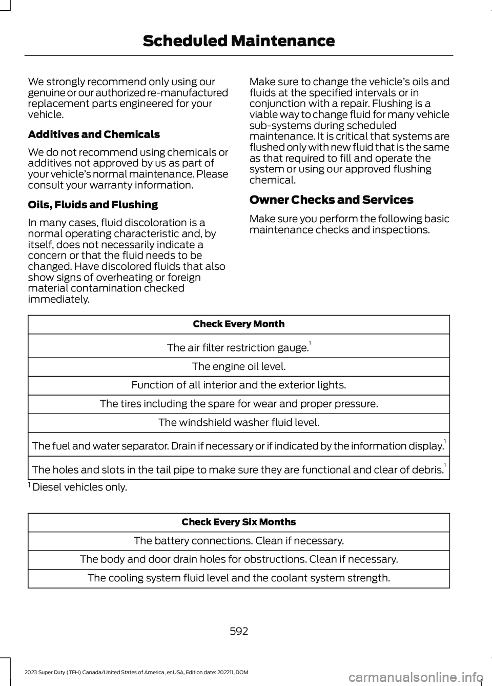 FORD SUPER DUTY 2023 Owners Manual We strongly recommend only using ourgenuine or our authorized re-manufacturedreplacement parts engineered for yourvehicle.
Additives and Chemicals
We do not recommend using chemicals oradditives not a FORD SUPER DUTY 2023 Owners Manual We strongly recommend only using ourgenuine or our authorized re-manufacturedreplacement parts engineered for yourvehicle.
Additives and Chemicals
We do not recommend using chemicals oradditives not a