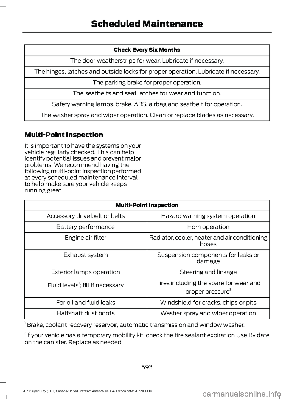 FORD SUPER DUTY 2023  Owners Manual Check Every Six Months
The door weatherstrips for wear. Lubricate if necessary.
The hinges, latches and outside locks for proper operation. Lubricate if necessary.
The parking brake for proper operati