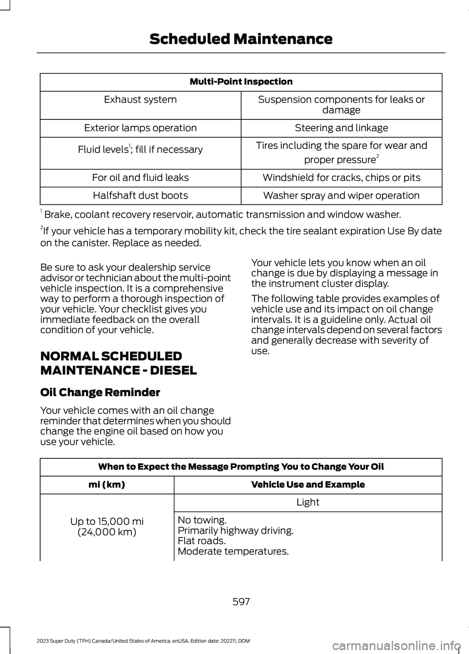 FORD SUPER DUTY 2023 Owners Manual Multi-Point Inspection
Suspension components for leaks ordamageExhaust system
Steering and linkageExterior lamps operation
Tires including the spare for wear and
proper pressure2Fluid levels1; fill if FORD SUPER DUTY 2023 Owners Manual Multi-Point Inspection
Suspension components for leaks ordamageExhaust system
Steering and linkageExterior lamps operation
Tires including the spare for wear and
proper pressure2Fluid levels1; fill if