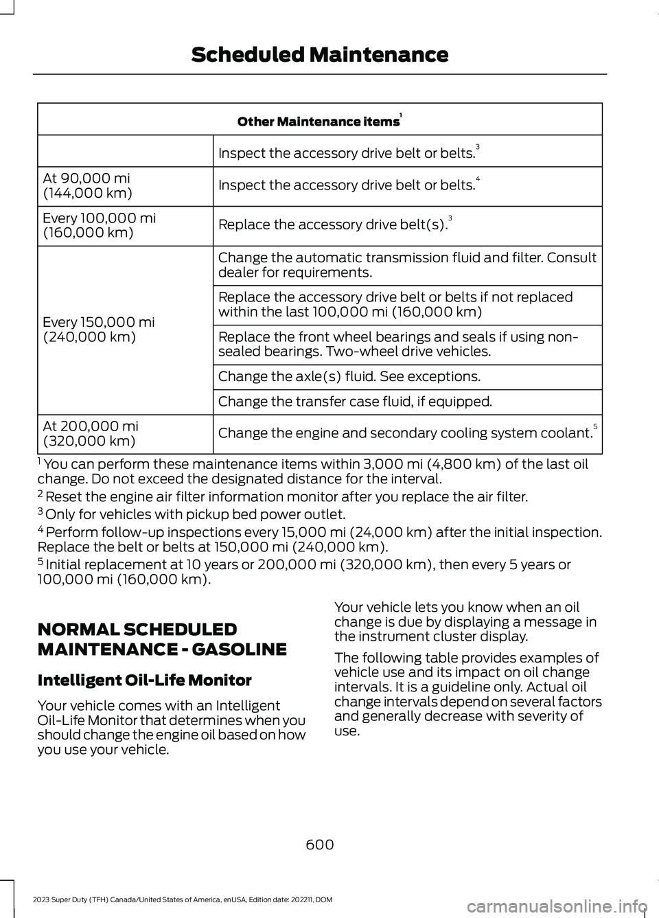 FORD SUPER DUTY 2023 Owners Manual Other Maintenance items1
Inspect the accessory drive belt or belts.3
Inspect the accessory drive belt or belts.4At 90,000 mi(144,000 km)
Replace the accessory drive belt(s).3Every 100,000 mi(160,000 k FORD SUPER DUTY 2023 Owners Manual Other Maintenance items1
Inspect the accessory drive belt or belts.3
Inspect the accessory drive belt or belts.4At 90,000 mi(144,000 km)
Replace the accessory drive belt(s).3Every 100,000 mi(160,000 k