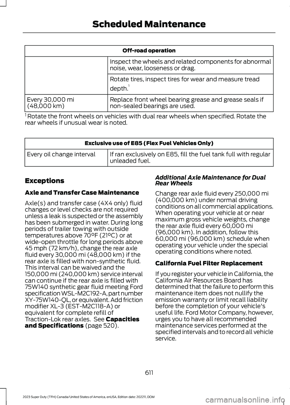 FORD SUPER DUTY 2023 Owners Manual Off-road operation
Inspect the wheels and related components for abnormalnoise, wear, looseness or drag.
Rotate tires, inspect tires for wear and measure tread
depth.1
Replace front wheel bearing grea FORD SUPER DUTY 2023 Owners Manual Off-road operation
Inspect the wheels and related components for abnormalnoise, wear, looseness or drag.
Rotate tires, inspect tires for wear and measure tread
depth.1
Replace front wheel bearing grea