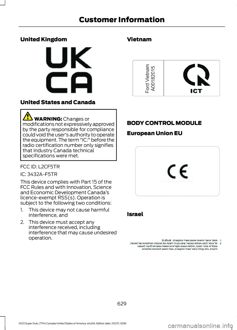 FORD SUPER DUTY 2023 Owners Manual United Kingdom
United States and Canada
WARNING: Changes ormodifications not expressively approvedby the party responsible for compliancecould void the user's authority to operatethe equipment. Th FORD SUPER DUTY 2023 Owners Manual United Kingdom
United States and Canada
WARNING: Changes ormodifications not expressively approvedby the party responsible for compliancecould void the user's authority to operatethe equipment. Th