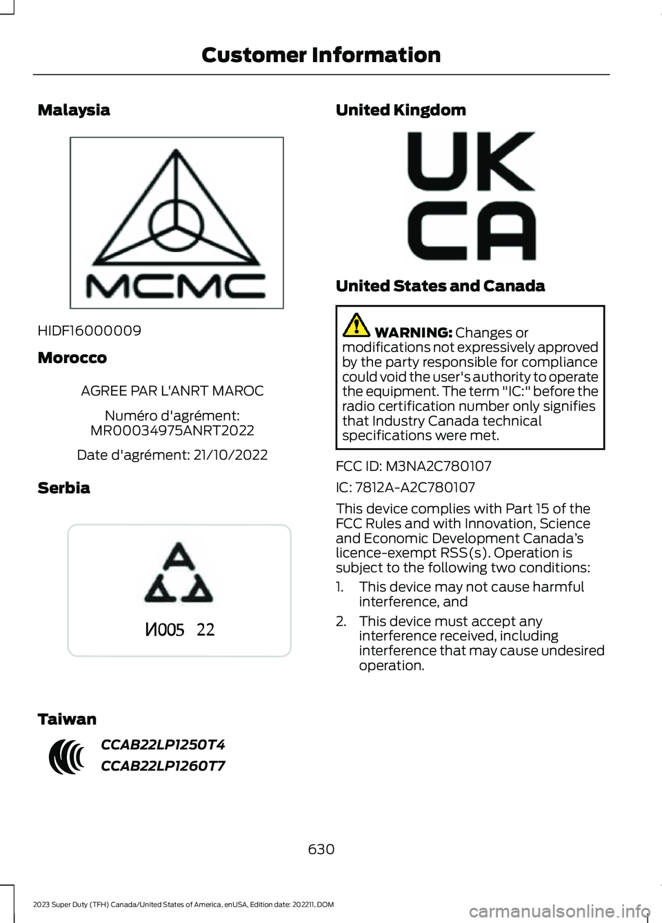FORD SUPER DUTY 2023 Owners Manual Malaysia
HIDF16000009
Morocco
AGREE PAR L'ANRT MAROC
Numéro d'agrément:MR00034975ANRT2022
Date d'agrément: 21/10/2022
Serbia
Taiwan
CCAB22LP1250T4
CCAB22LP1260T7
United Kingdom
United S FORD SUPER DUTY 2023 Owners Manual Malaysia
HIDF16000009
Morocco
AGREE PAR L'ANRT MAROC
Numéro d'agrément:MR00034975ANRT2022
Date d'agrément: 21/10/2022
Serbia
Taiwan
CCAB22LP1250T4
CCAB22LP1260T7
United Kingdom
United S