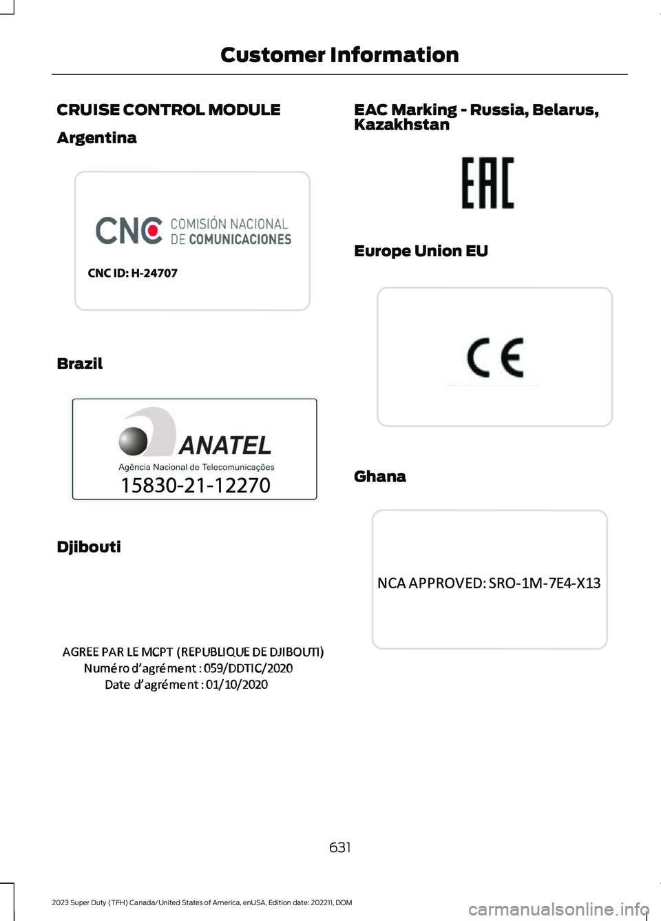 FORD SUPER DUTY 2023  Owners Manual CRUISE CONTROL MODULE
Argentina
Brazil
Djibouti
EAC Marking - Russia, Belarus,Kazakhstan
Europe Union EU
Ghana
631
2023 Super Duty (TFH) Canada/United States of America, enUSA, Edition date: 202211, D