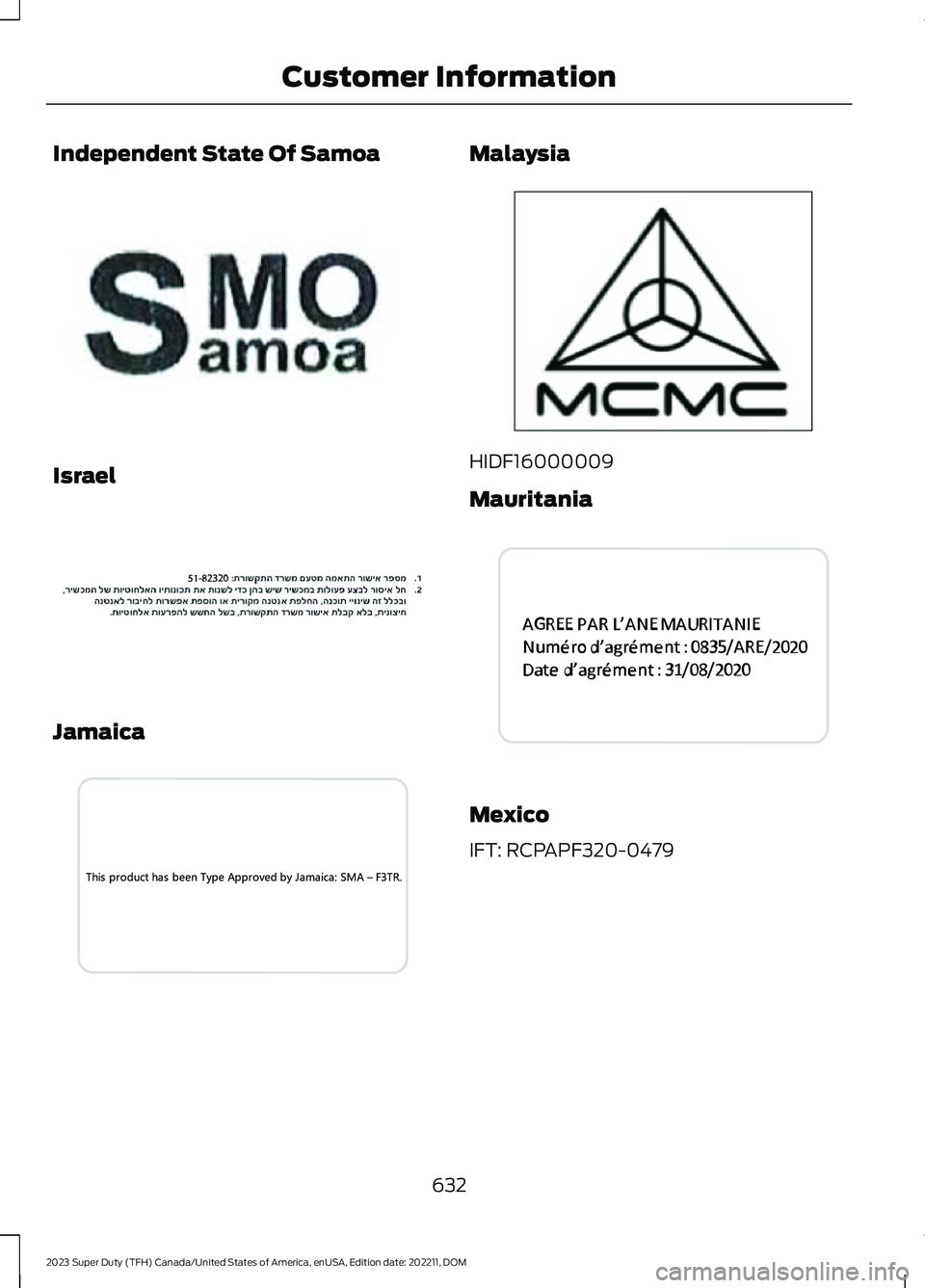 FORD SUPER DUTY 2023  Owners Manual Independent State Of Samoa
Israel
Jamaica
Malaysia
HIDF16000009
Mauritania
Mexico
IFT: RCPAPF320-0479
632
2023 Super Duty (TFH) Canada/United States of America, enUSA, Edition date: 202211, DOMCustome