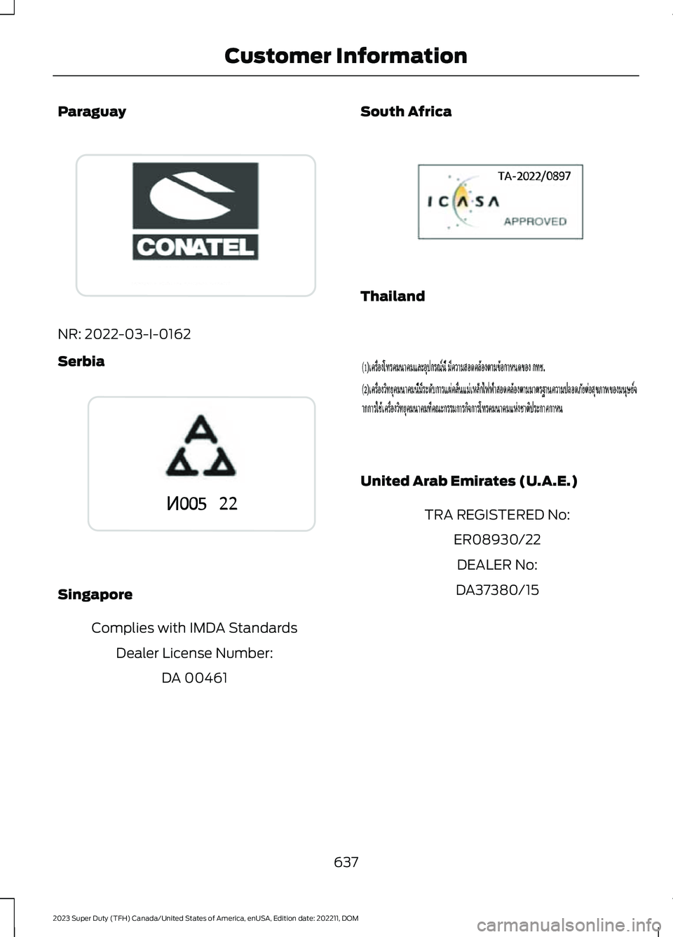 FORD SUPER DUTY 2023  Owners Manual Paraguay
NR: 2022-03-I-0162
Serbia
Singapore
Complies with IMDA Standards
Dealer License Number:
DA 00461
South Africa
Thailand
United Arab Emirates (U.A.E.)
TRA REGISTERED No:
ER08930/22
DEALER No:
D
