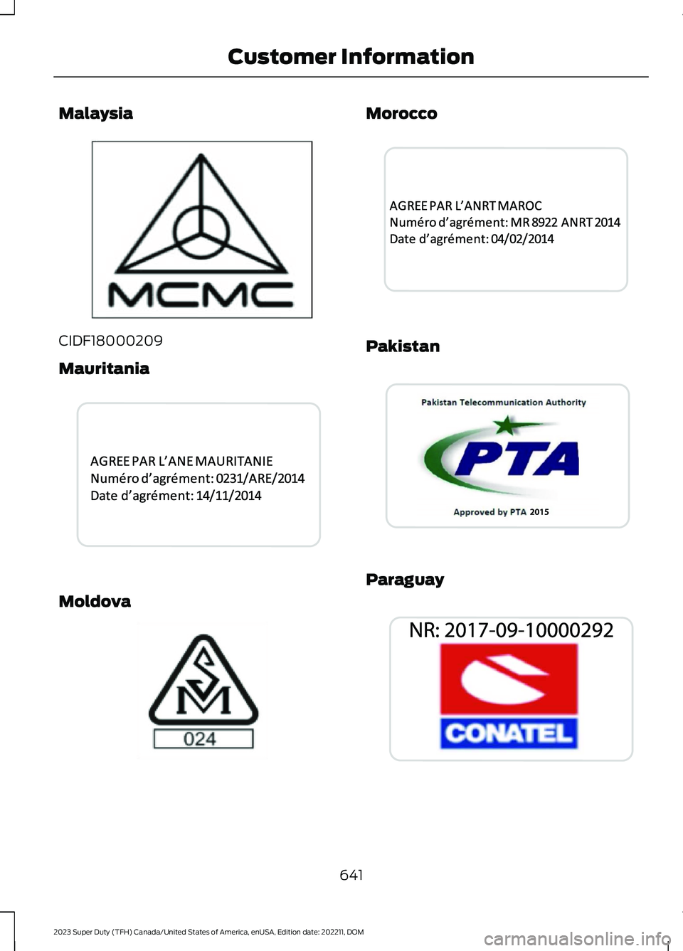 FORD SUPER DUTY 2023  Owners Manual Malaysia
CIDF18000209
Mauritania
Moldova
Morocco
Pakistan
Paraguay
641
2023 Super Duty (TFH) Canada/United States of America, enUSA, Edition date: 202211, DOMCustomer InformationE339836  E339938   E33