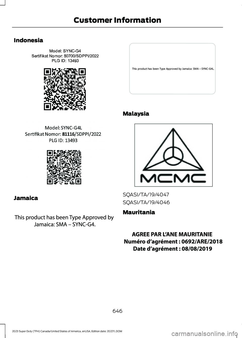 FORD SUPER DUTY 2023  Owners Manual Indonesia
Jamaica
Malaysia
SQASI/TA/19/4047
SQASI/TA/19/4046
Mauritania
646
2023 Super Duty (TFH) Canada/United States of America, enUSA, Edition date: 202211, DOMCustomer InformationE380500  E384585 