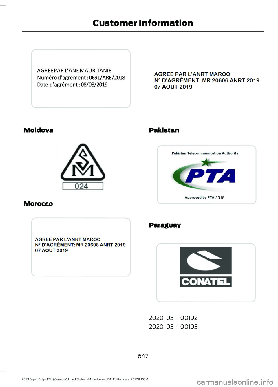 FORD SUPER DUTY 2023  Owners Manual Moldova
Morocco
Pakistan
Paraguay
2020-03-I-00192
2020-03-I-00193
647
2023 Super Duty (TFH) Canada/United States of America, enUSA, Edition date: 202211, DOMCustomer InformationE342513  E337971  E3380