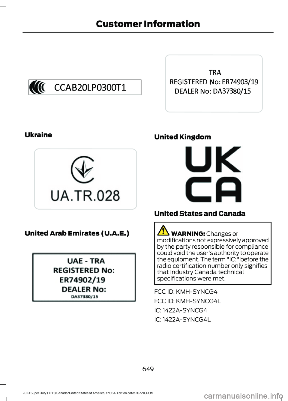 FORD SUPER DUTY 2023 Owners Manual Ukraine
United Arab Emirates (U.A.E.)
United Kingdom
United States and Canada
WARNING: Changes ormodifications not expressively approvedby the party responsible for compliancecould void the user's FORD SUPER DUTY 2023 Owners Manual Ukraine
United Arab Emirates (U.A.E.)
United Kingdom
United States and Canada
WARNING: Changes ormodifications not expressively approvedby the party responsible for compliancecould void the user's