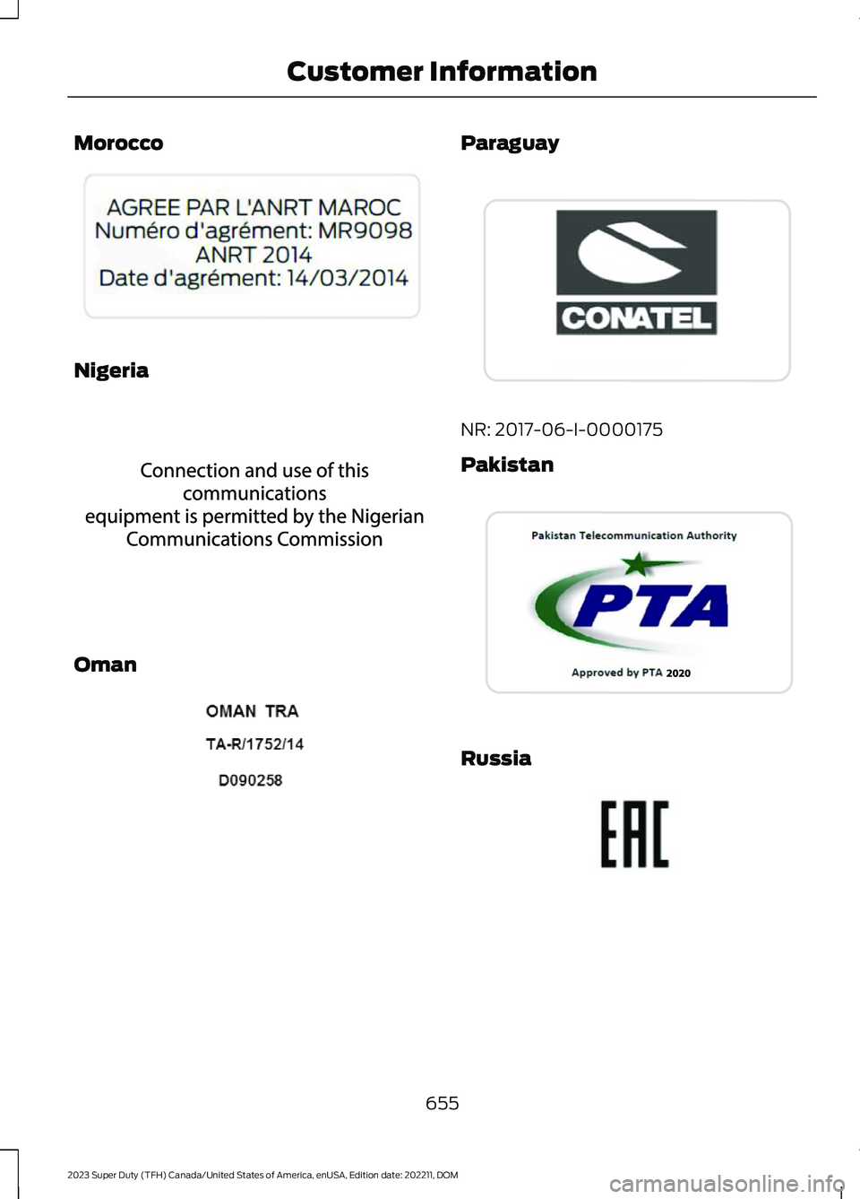 FORD SUPER DUTY 2023  Owners Manual Morocco
Nigeria
Oman
Paraguay
NR: 2017-06-I-0000175
Pakistan
Russia
655
2023 Super Duty (TFH) Canada/United States of America, enUSA, Edition date: 202211, DOMCustomer InformationE207821  E337972  E25