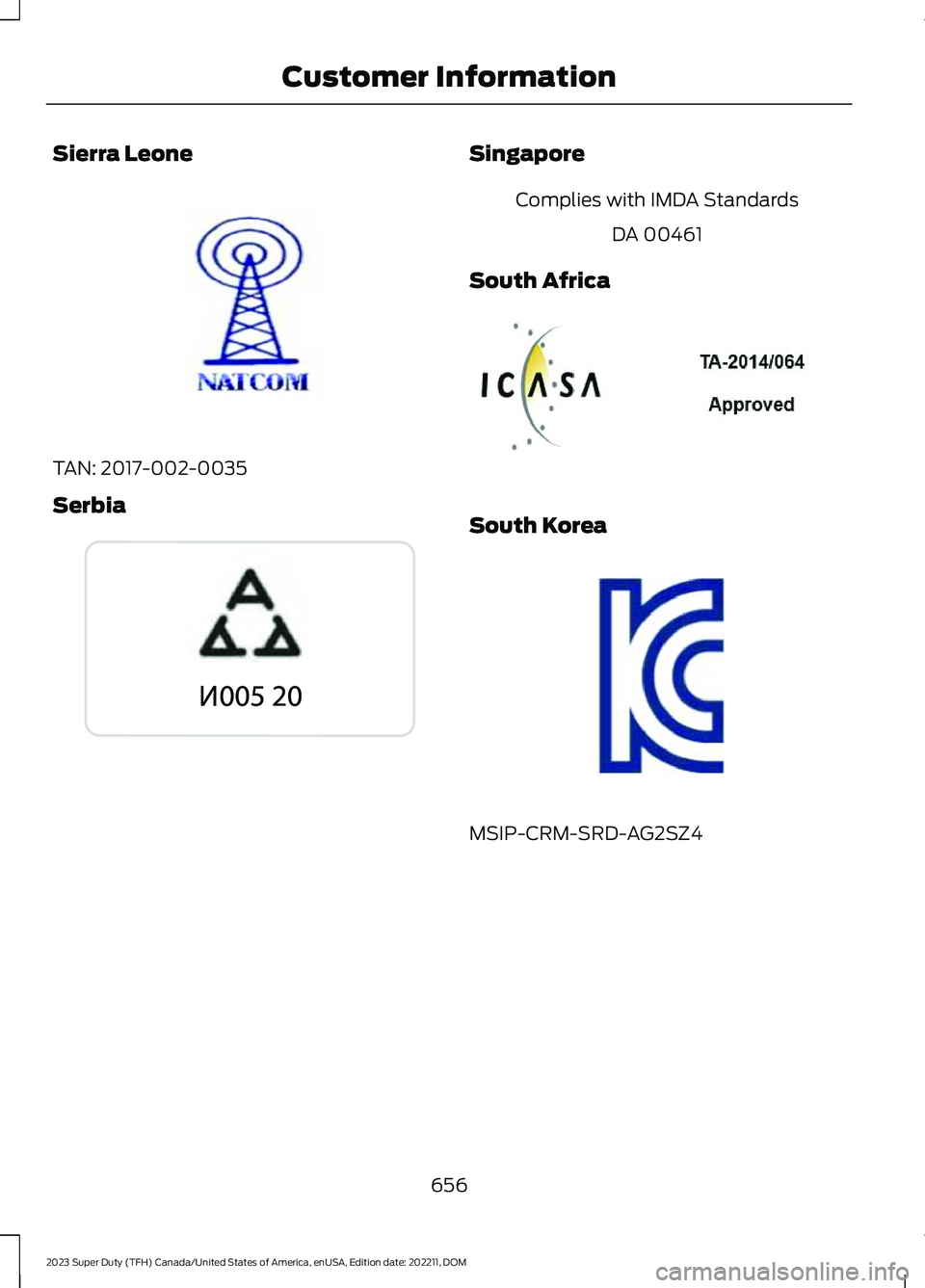 FORD SUPER DUTY 2023  Owners Manual Sierra Leone
TAN: 2017-002-0035
Serbia
Singapore
Complies with IMDA Standards
DA 00461
South Africa
South Korea
MSIP-CRM-SRD-AG2SZ4
656
2023 Super Duty (TFH) Canada/United States of America, enUSA, Ed