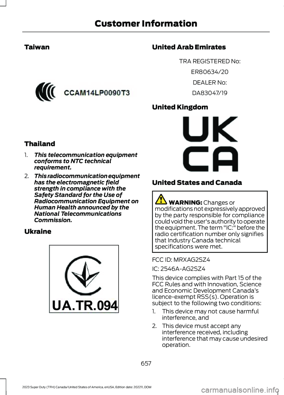 FORD SUPER DUTY 2023 User Guide Taiwan
Thailand
1.This telecommunication equipmentconforms to NTC technicalrequirement.
2.This radiocommunication equipmenthas the electromagnetic fieldstrength in compliance with theSafety Standard f FORD SUPER DUTY 2023 User Guide Taiwan
Thailand
1.This telecommunication equipmentconforms to NTC technicalrequirement.
2.This radiocommunication equipmenthas the electromagnetic fieldstrength in compliance with theSafety Standard f